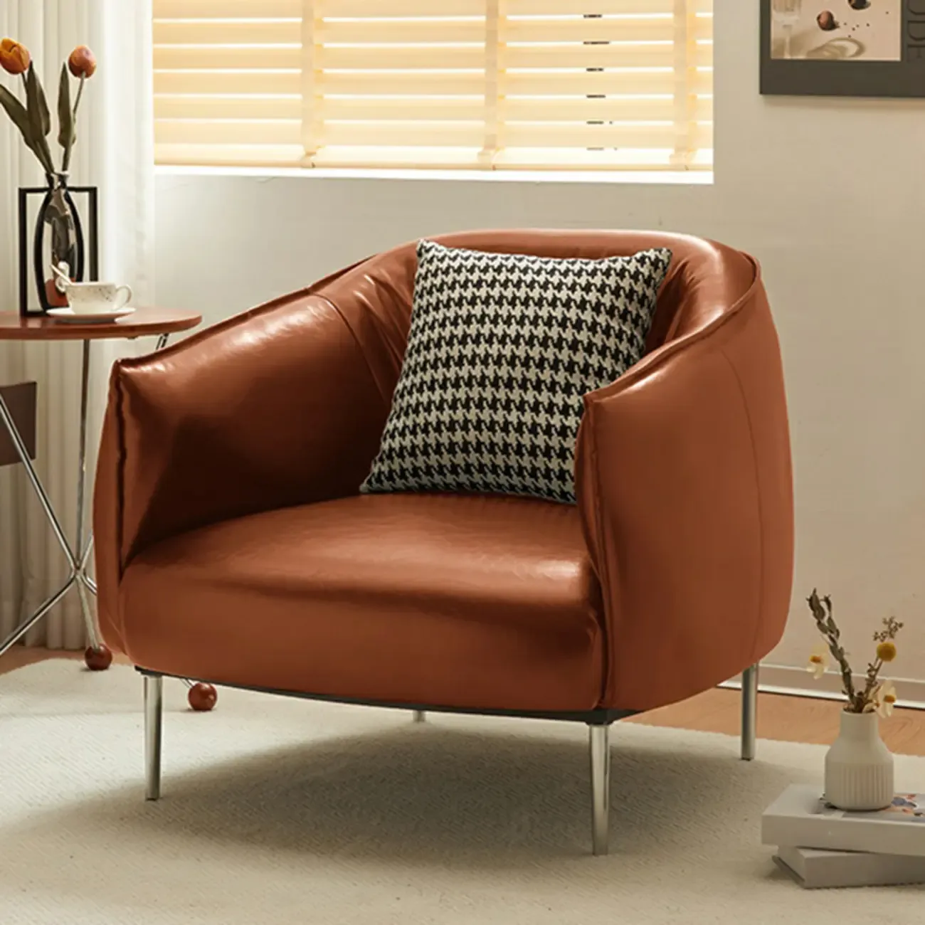 Modern Faux Leather Accent Chair with Ottoman & Metal Legs Image - 8