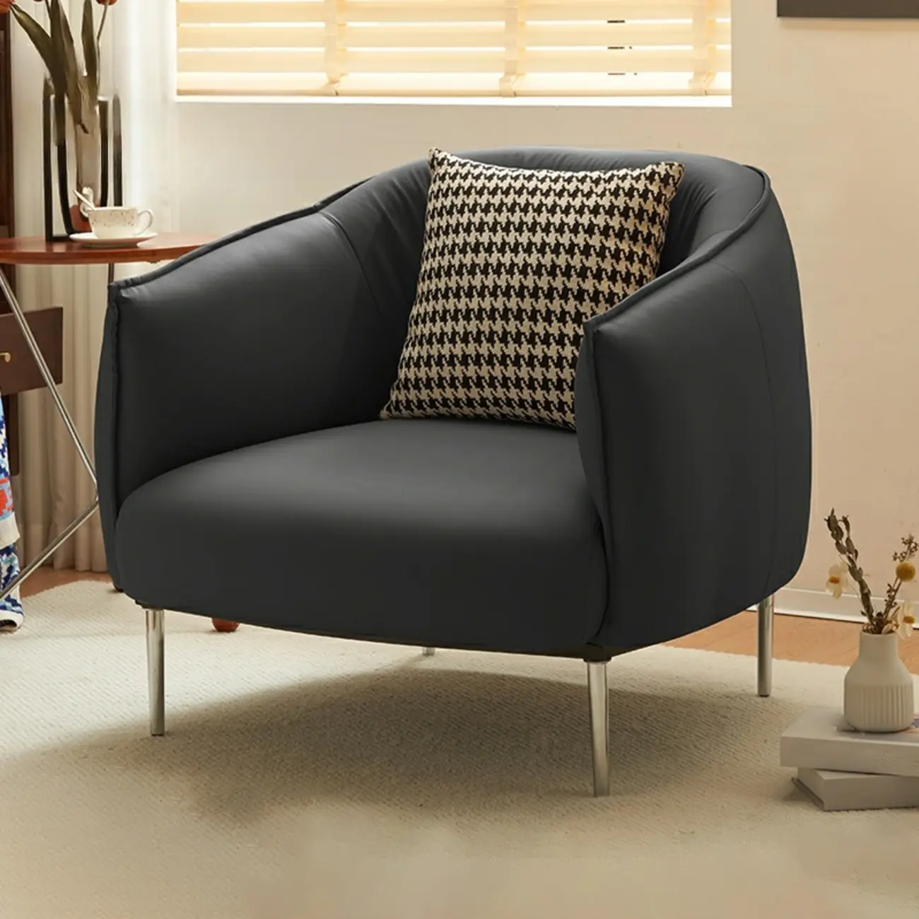 Modern Faux Leather Accent Chair with Ottoman & Metal Legs Image - 14 | homeyfad