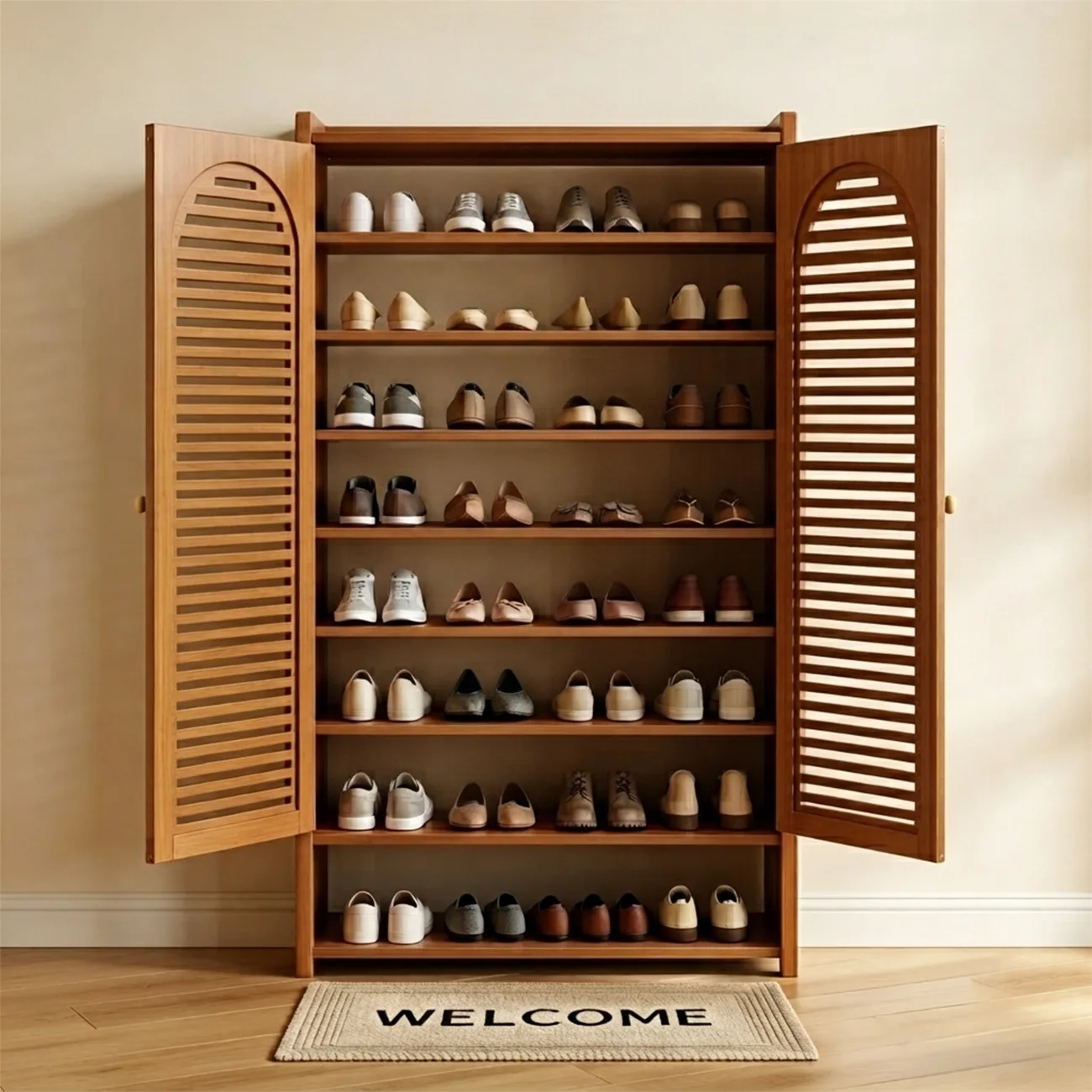Modern Farmhouse 8-Tier Shoe Storage Cabinet with Louvered Doors Image - 4 | homeyfad