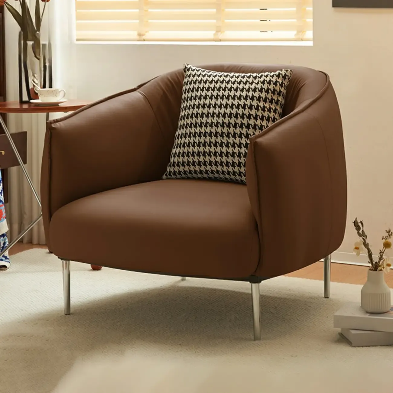 Modern Faux Leather Accent Chair with Ottoman & Metal Legs Image - 16