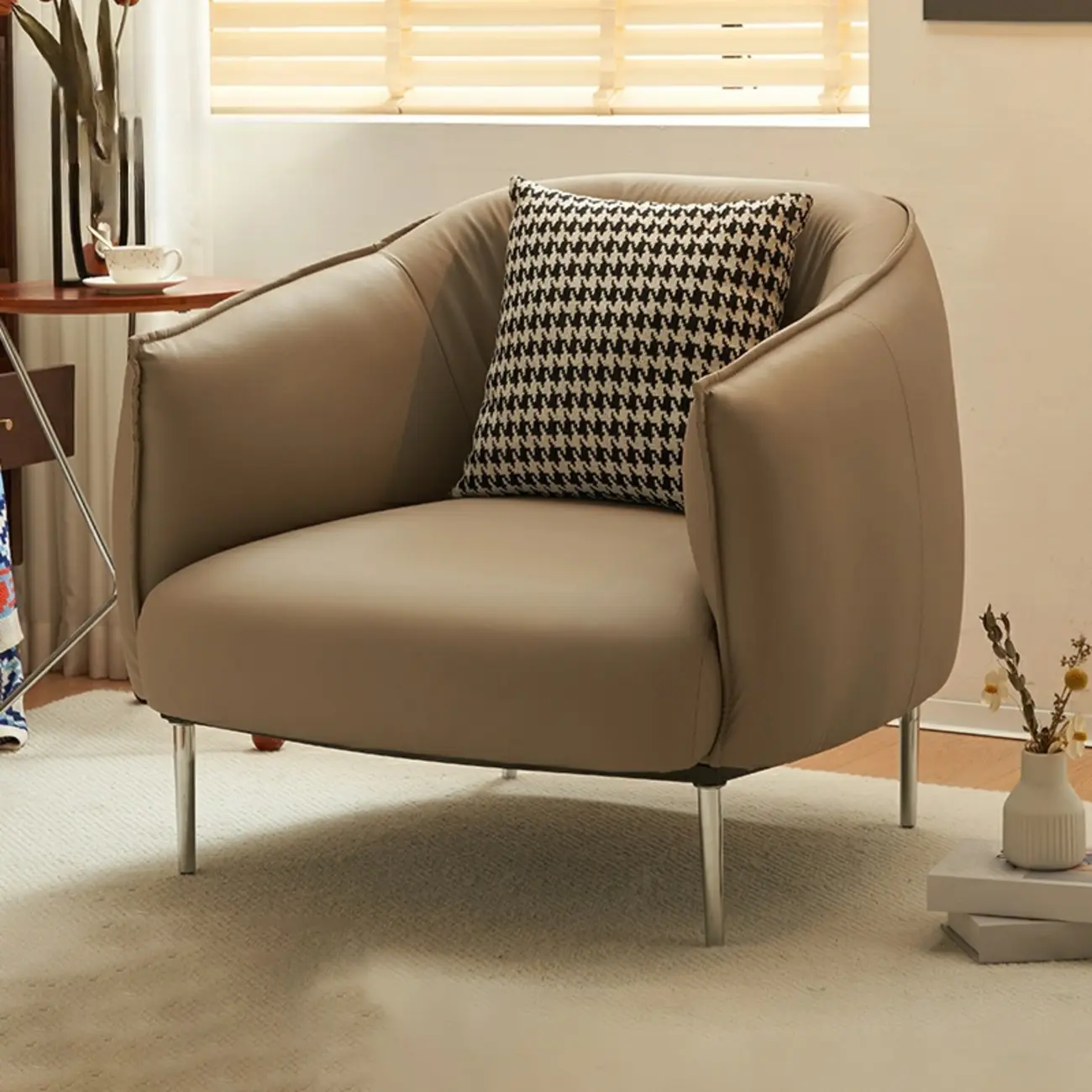 Modern Faux Leather Accent Chair with Ottoman & Metal Legs Image - 18 | homeyfad