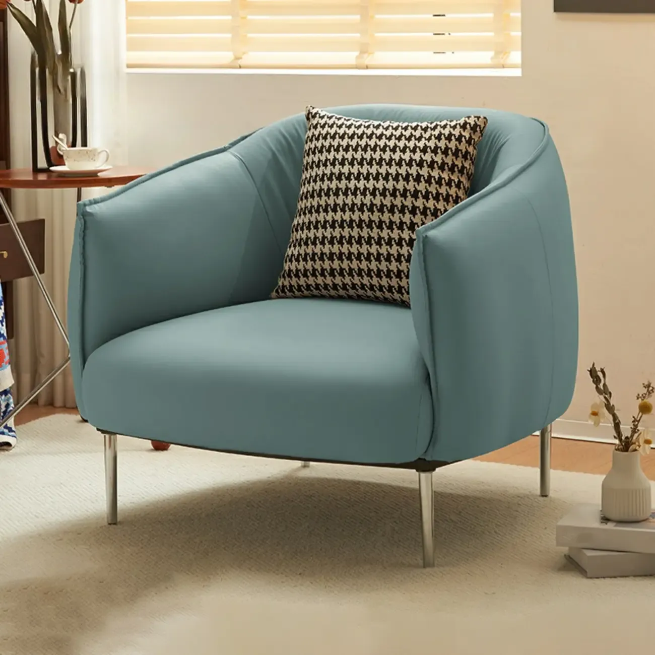 Modern Faux Leather Accent Chair with Ottoman & Metal Legs Image - 22