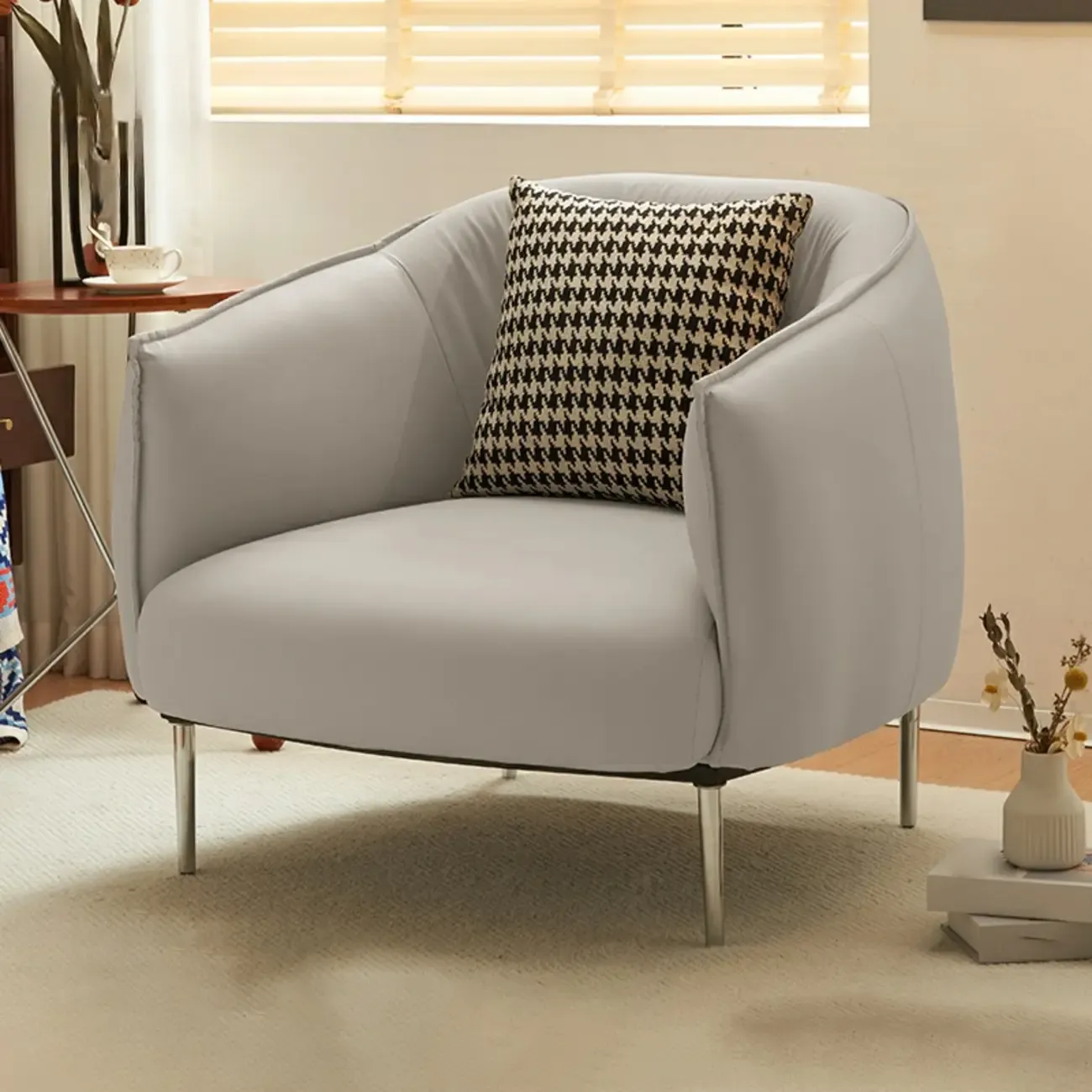 Modern Faux Leather Accent Chair with Ottoman & Metal Legs Image - 23