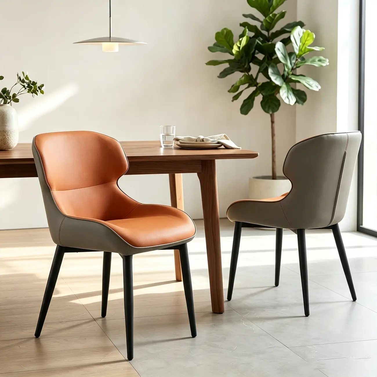 Scandinavian Leather Wingback Upholstered Dining Chair Image - 6 | homeyfad