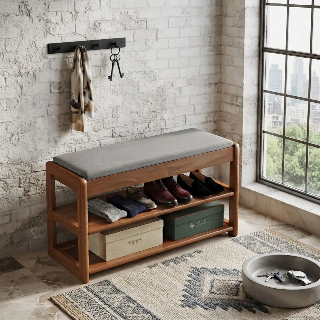 Scandinavian Solid Wood 2-Tier Shoe Bench with Hidden Storage Seat Image - 5 | homeyfad