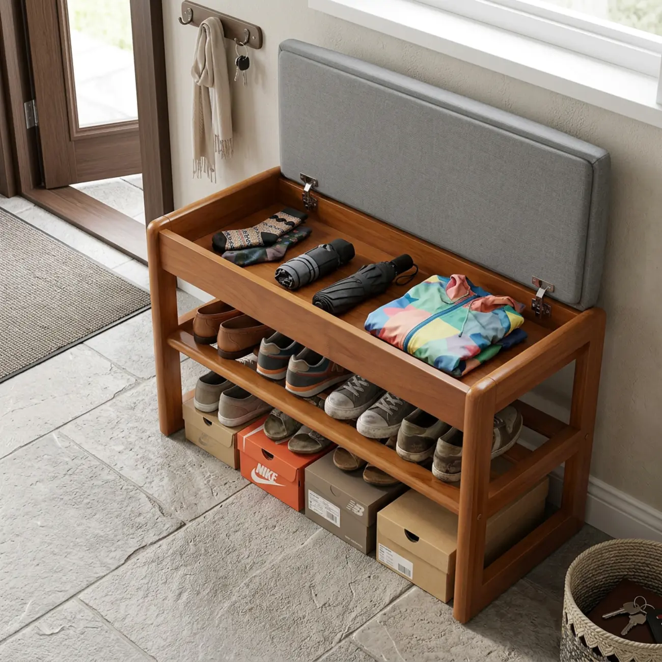 Scandinavian Solid Wood 2-Tier Shoe Bench with Hidden Storage Seat Image - 1 | homeyfad