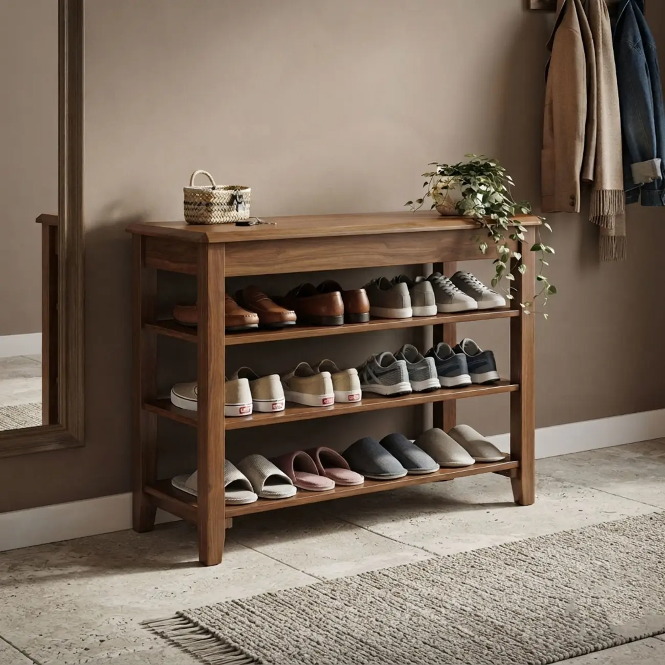 Mid-Century Modern Solid Wood Multi-Tier Shoe Rack for Entryway Image - 5 | homeyfad