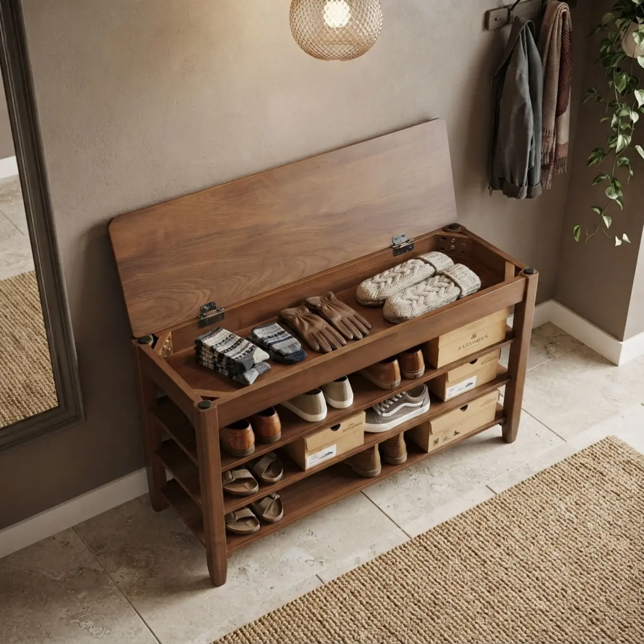 Mid-Century Modern Solid Wood Multi-Tier Shoe Rack for Entryway Image - 7 | homeyfad