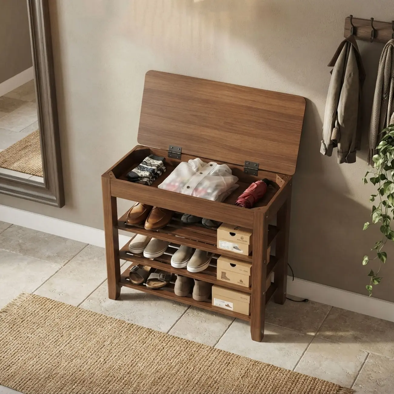Mid-Century Modern Solid Wood Multi-Tier Shoe Rack for Entryway Image - 8 | homeyfad