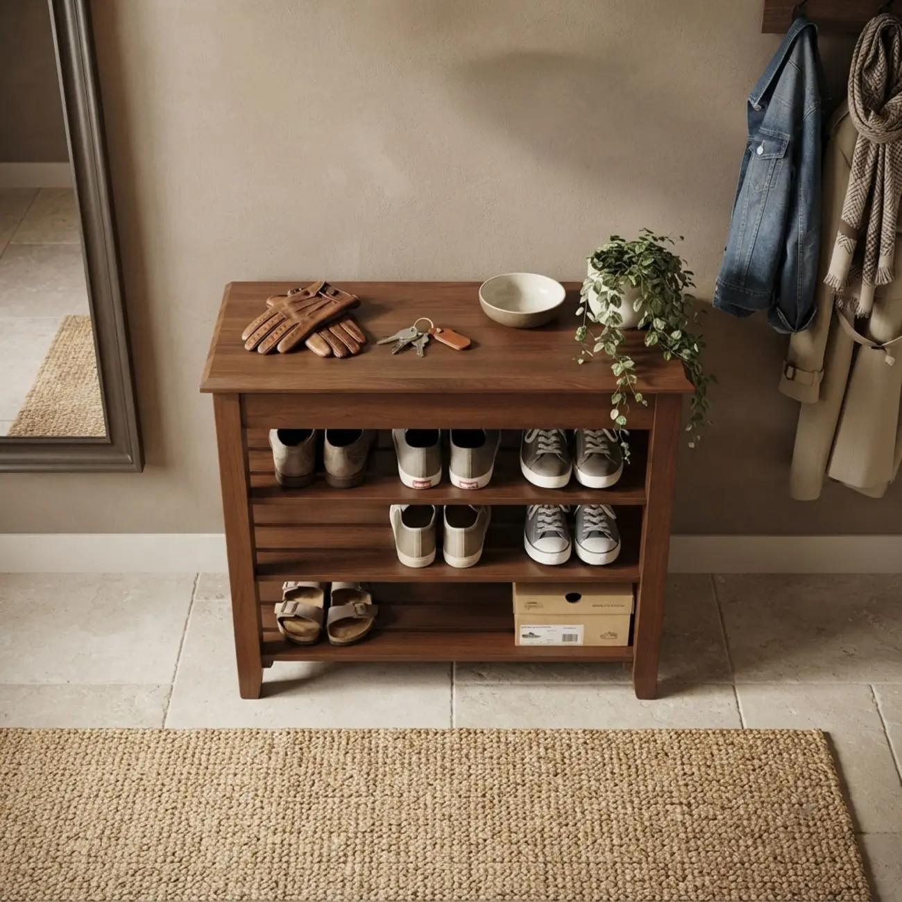 Mid-Century Modern Solid Wood Multi-Tier Shoe Rack for Entryway Image - 9 | homeyfad