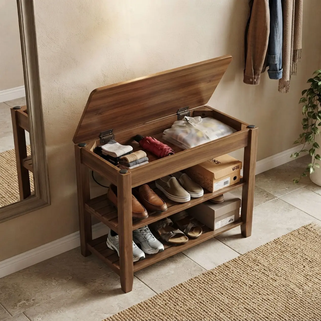 Mid-Century Modern Solid Wood Multi-Tier Shoe Rack for Entryway Image - 4 | homeyfad