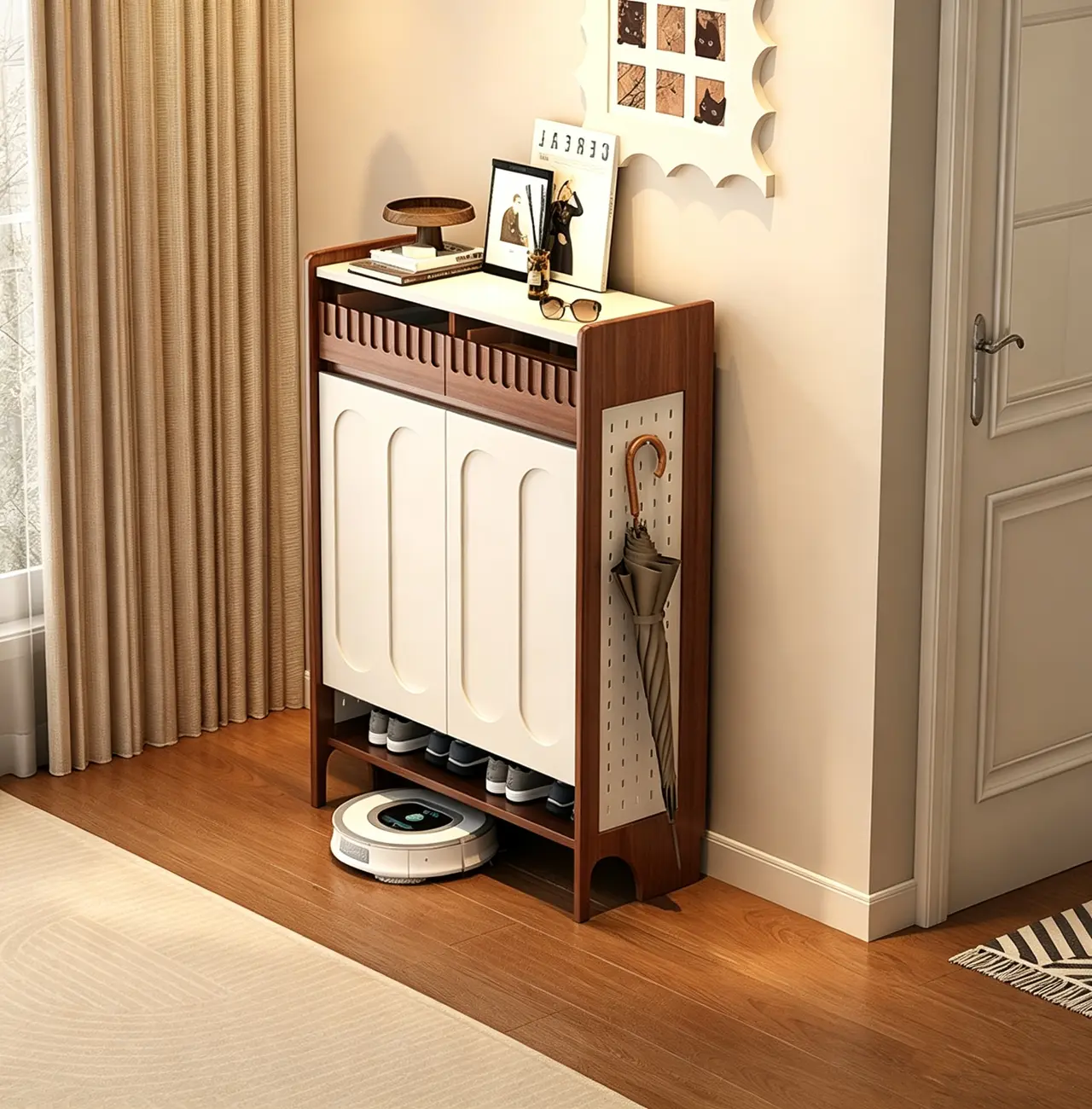Modern Solid Wood Entryway Shoe Cabinet With Side Pegboard Storage Image - 5 | homeyfad