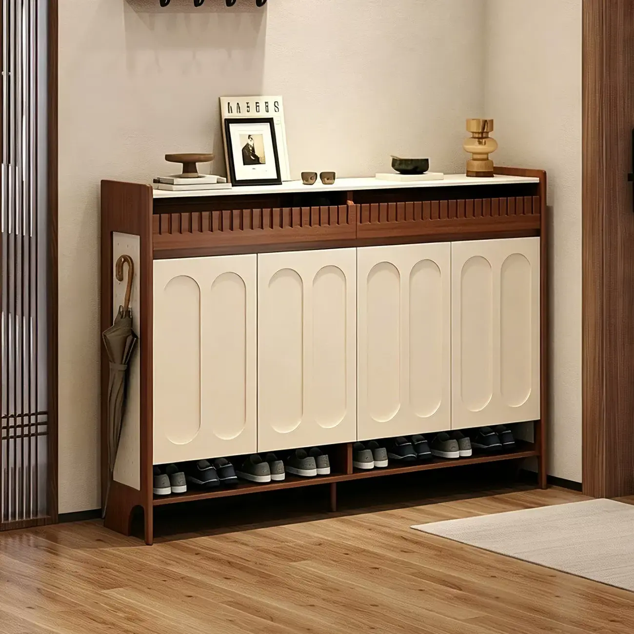 Modern Solid Wood Entryway Shoe Cabinet With Side Pegboard Storage Image - 9 | homeyfad