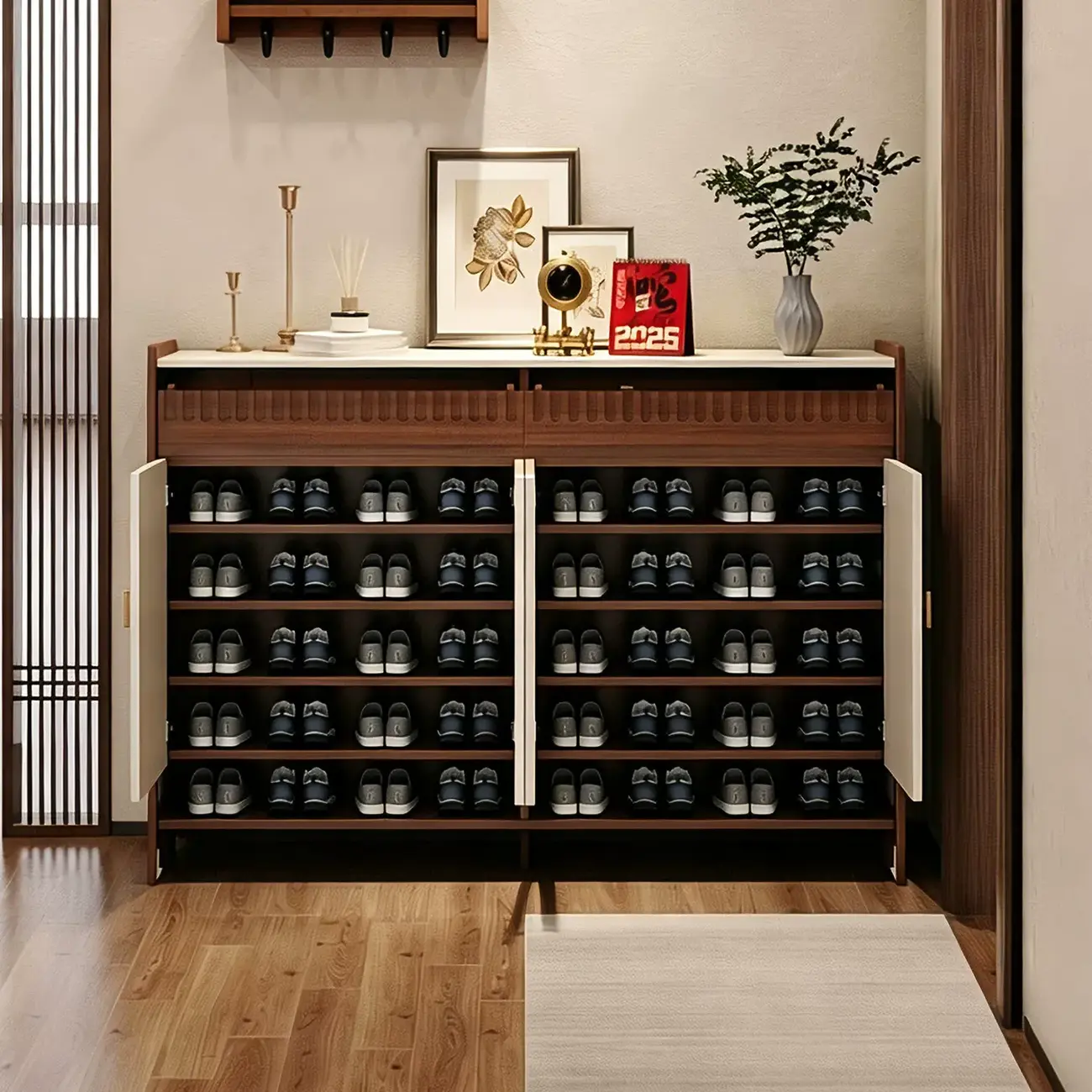 Modern Solid Wood Entryway Shoe Cabinet With Side Pegboard Storage Image - 10 | homeyfad