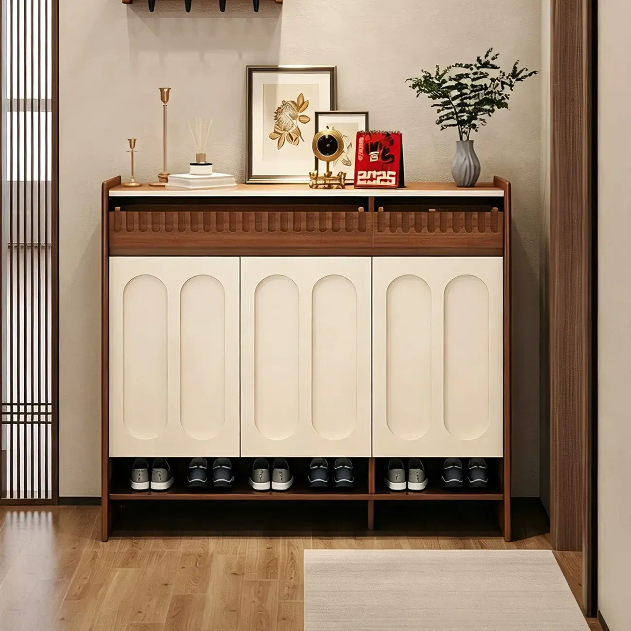 Modern Solid Wood Entryway Shoe Cabinet With Side Pegboard Storage Image - 6 | homeyfad