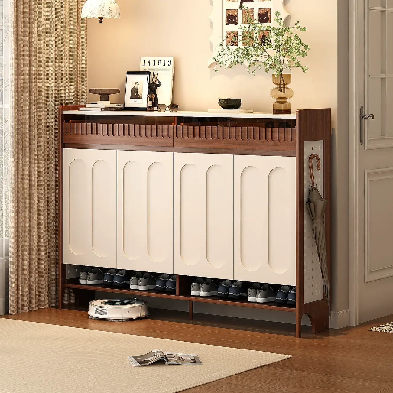 Modern Solid Wood Entryway Shoe Cabinet With Side Pegboard Storage Image - 8 | homeyfad