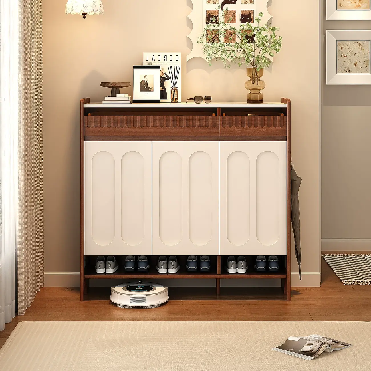Modern Solid Wood Entryway Shoe Cabinet With Side Pegboard Storage Image - 7 | homeyfad