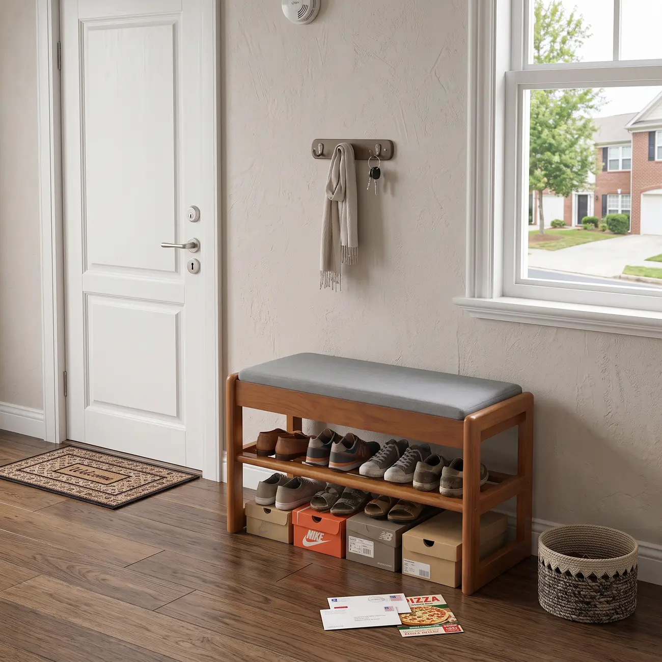 Scandinavian Solid Wood 2-Tier Shoe Bench with Hidden Storage Seat Image - 3 | homeyfad