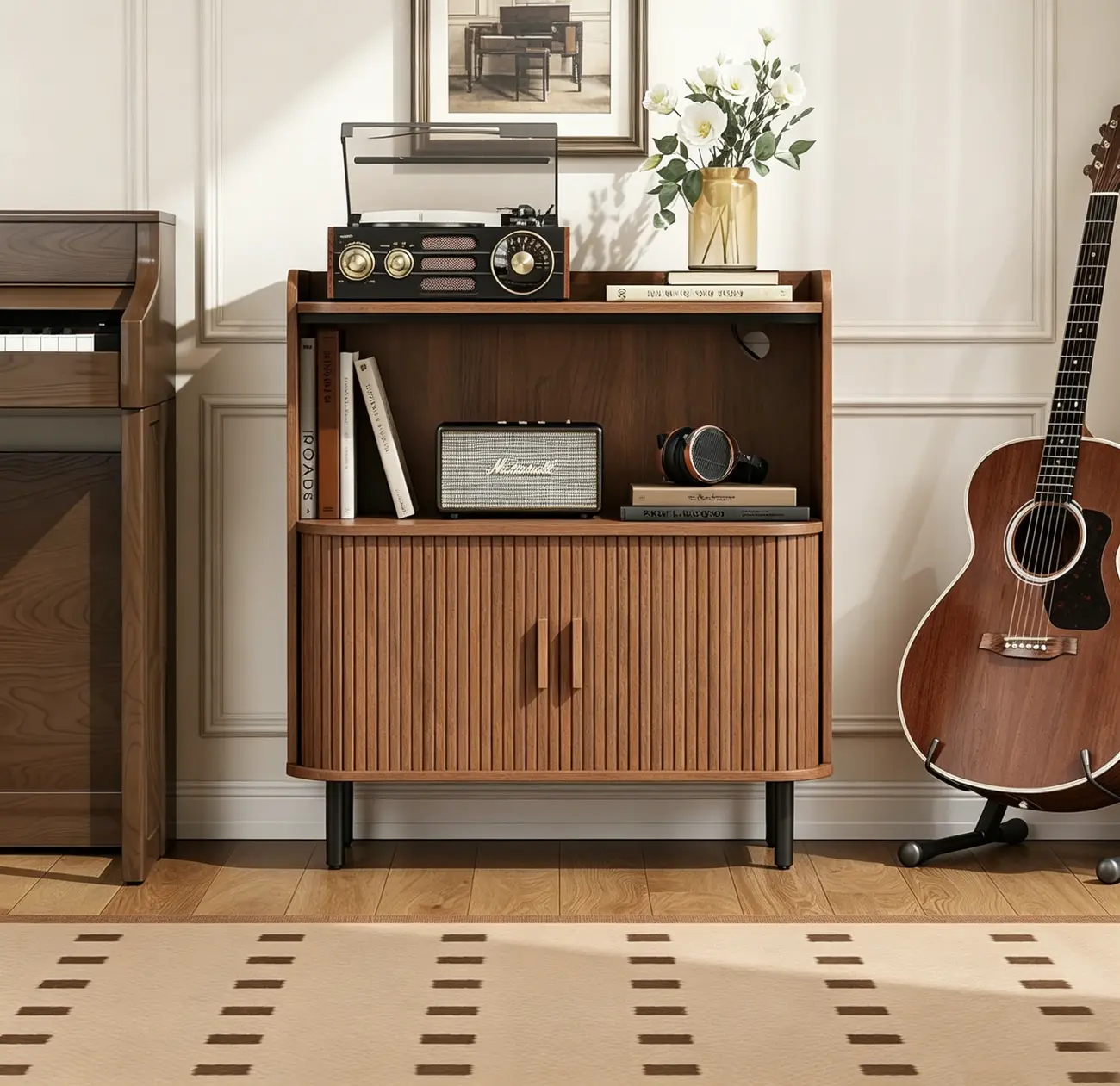 Mid-century Modern Wood Vinyl Record Player Stand With Built-in Power Outlet Image - 4 | homeyfad