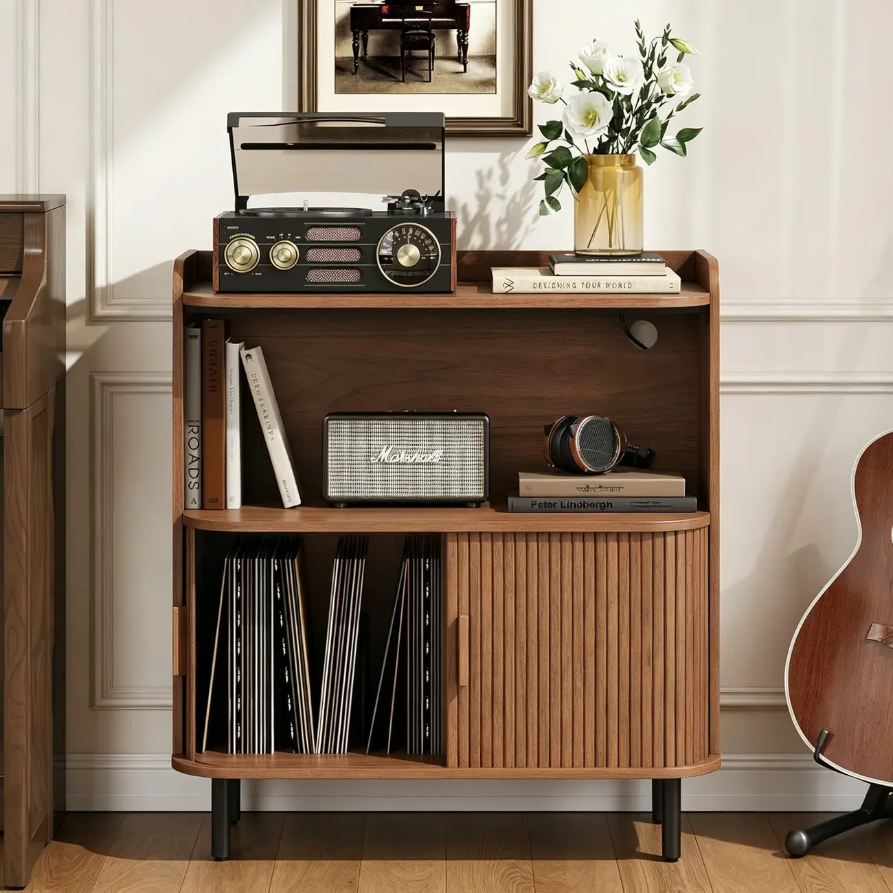 Mid-century Modern Wood Vinyl Record Player Stand With Built-in Power Outlet Image - 1 | homeyfad