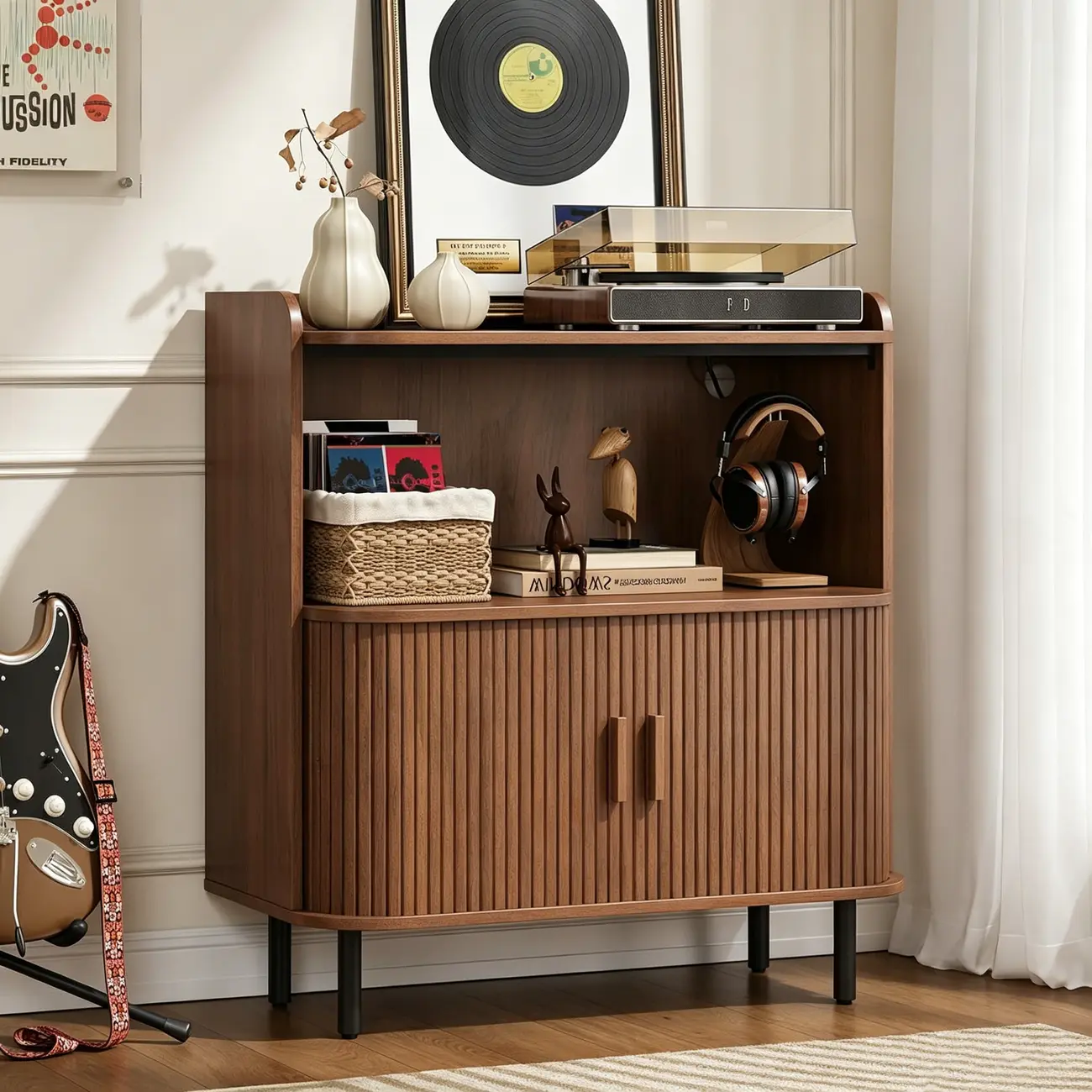 Mid-century Modern Wood Vinyl Record Player Stand With Built-in Power Outlet Image - 3 | homeyfad