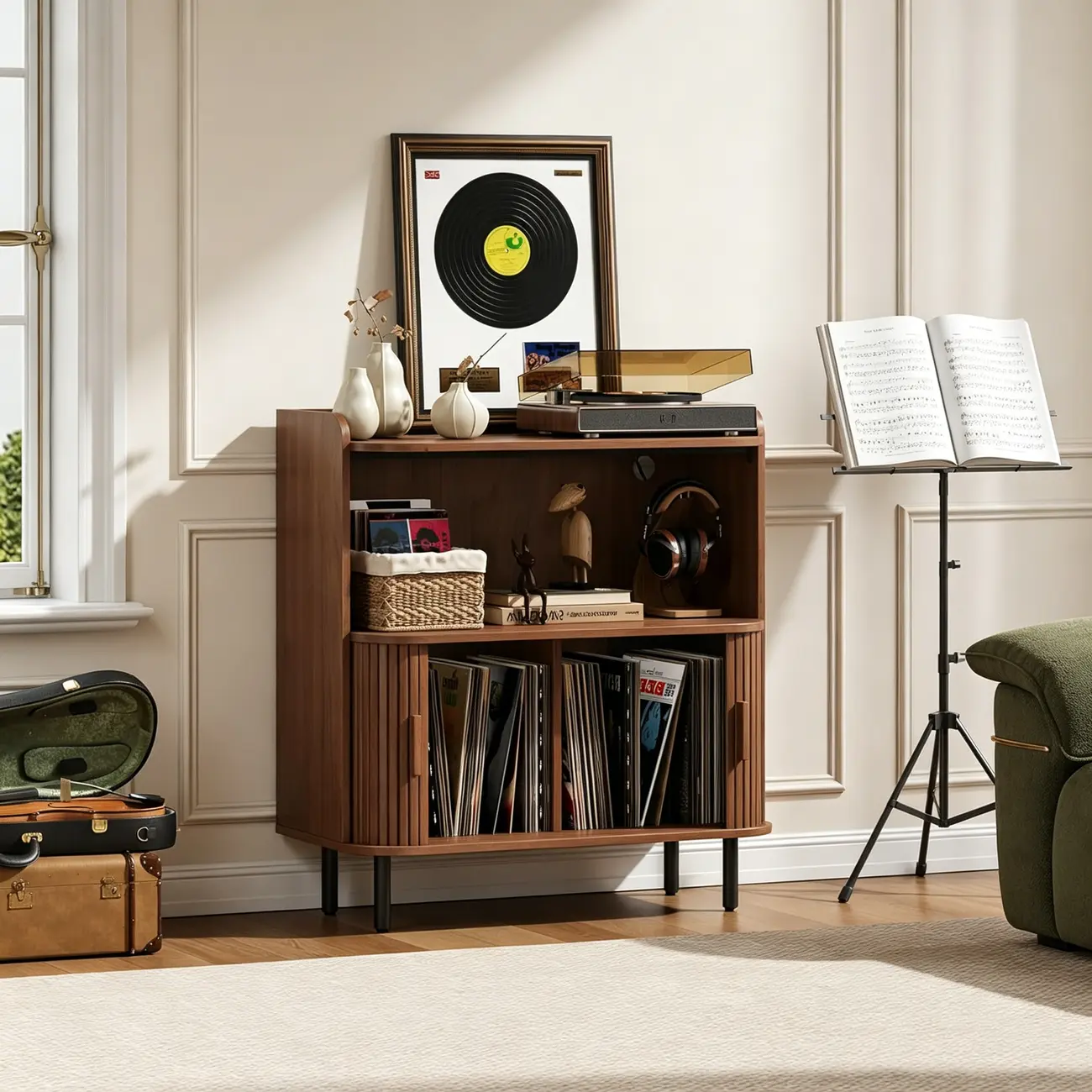 Mid-century Modern Wood Vinyl Record Player Stand With Built-in Power Outlet Image - 2 | homeyfad