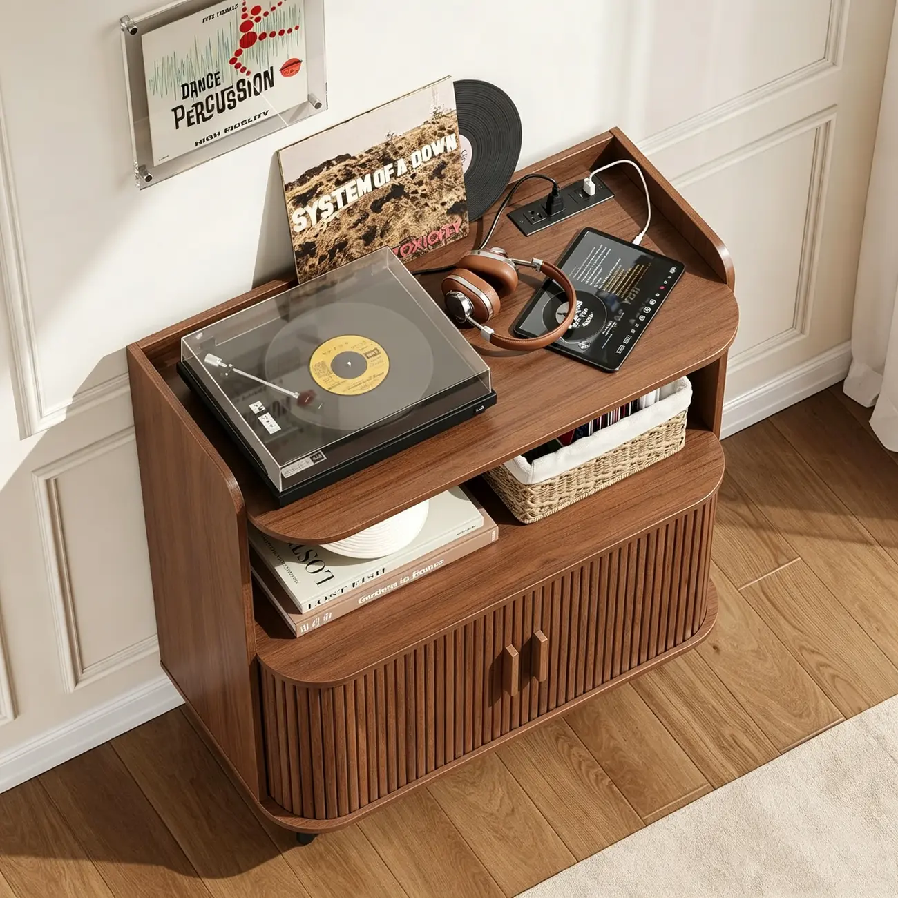 Mid-century Modern Wood Vinyl Record Player Stand With Built-in Power Outlet Image - 5 | homeyfad