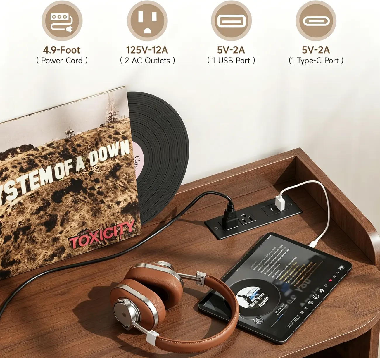Mid-century Modern Wood Vinyl Record Player Stand With Built-in Power Outlet Image - 6 | homeyfad