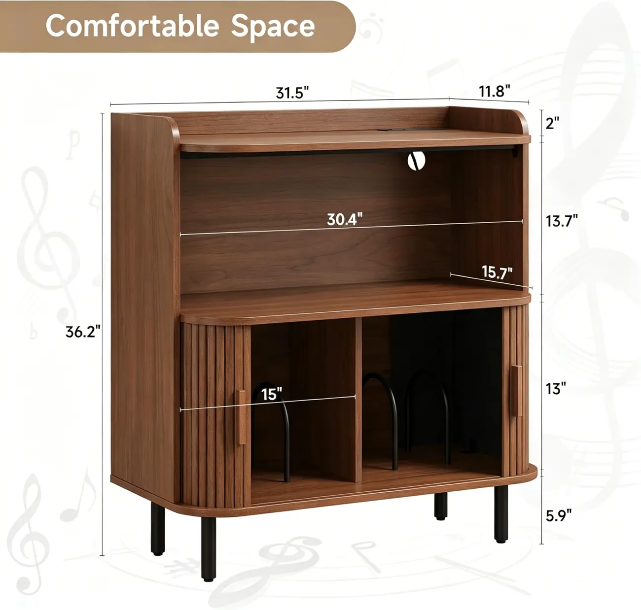 Mid-century Modern Wood Vinyl Record Player Stand With Built-in Power Outlet #size | homeyfad