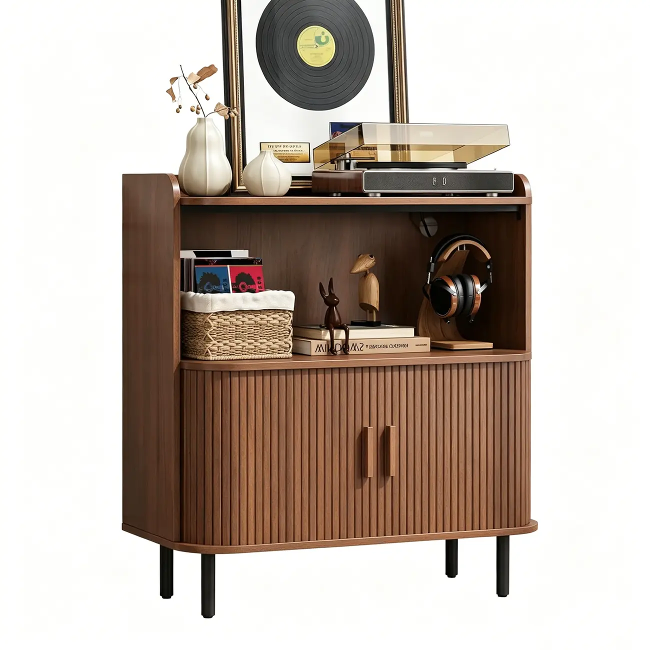Mid-century Modern Wood Vinyl Record Player Stand With Built-in Power Outlet Image - 10 | homeyfad