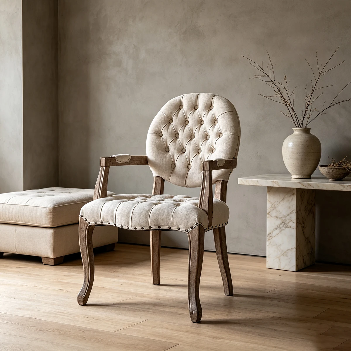 French Country Tufted Solid Wood Dining Chairs With Linen-blend Upholstery Image - 10 | homeyfad