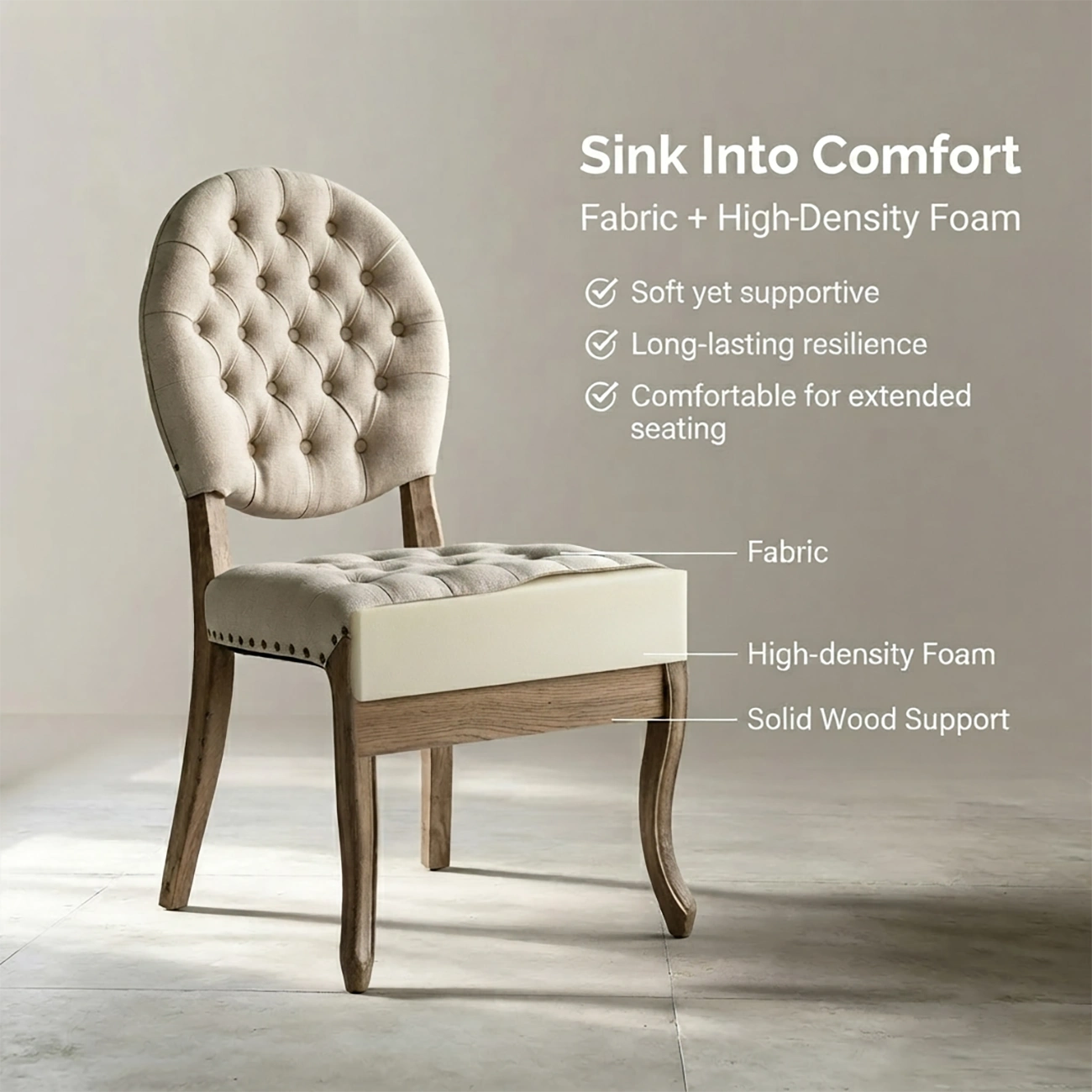 French Country Tufted Solid Wood Dining Chairs With Linen-blend Upholstery Image - 5 | homeyfad