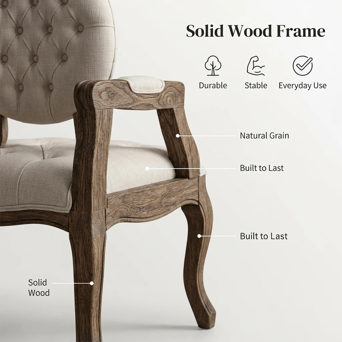 French Country Tufted Solid Wood Dining Chairs With Linen-blend Upholstery Image - 6 | homeyfad