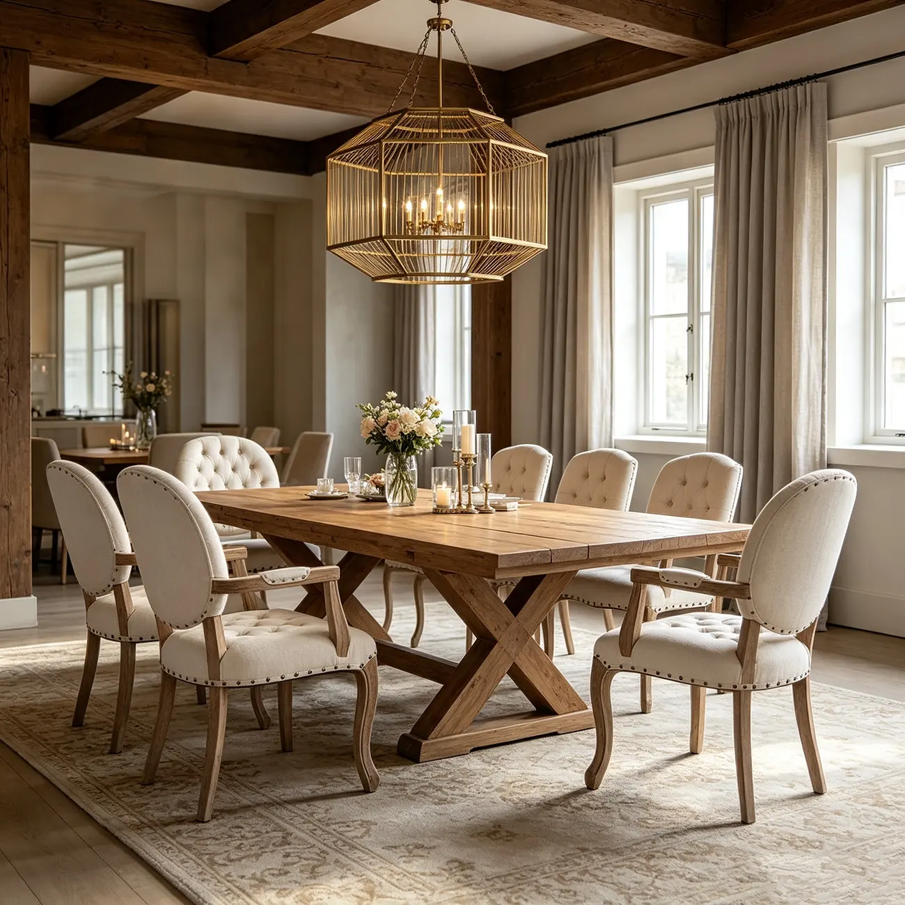 French Country Tufted Solid Wood Dining Chairs With Linen-blend Upholstery Image - 4 | homeyfad