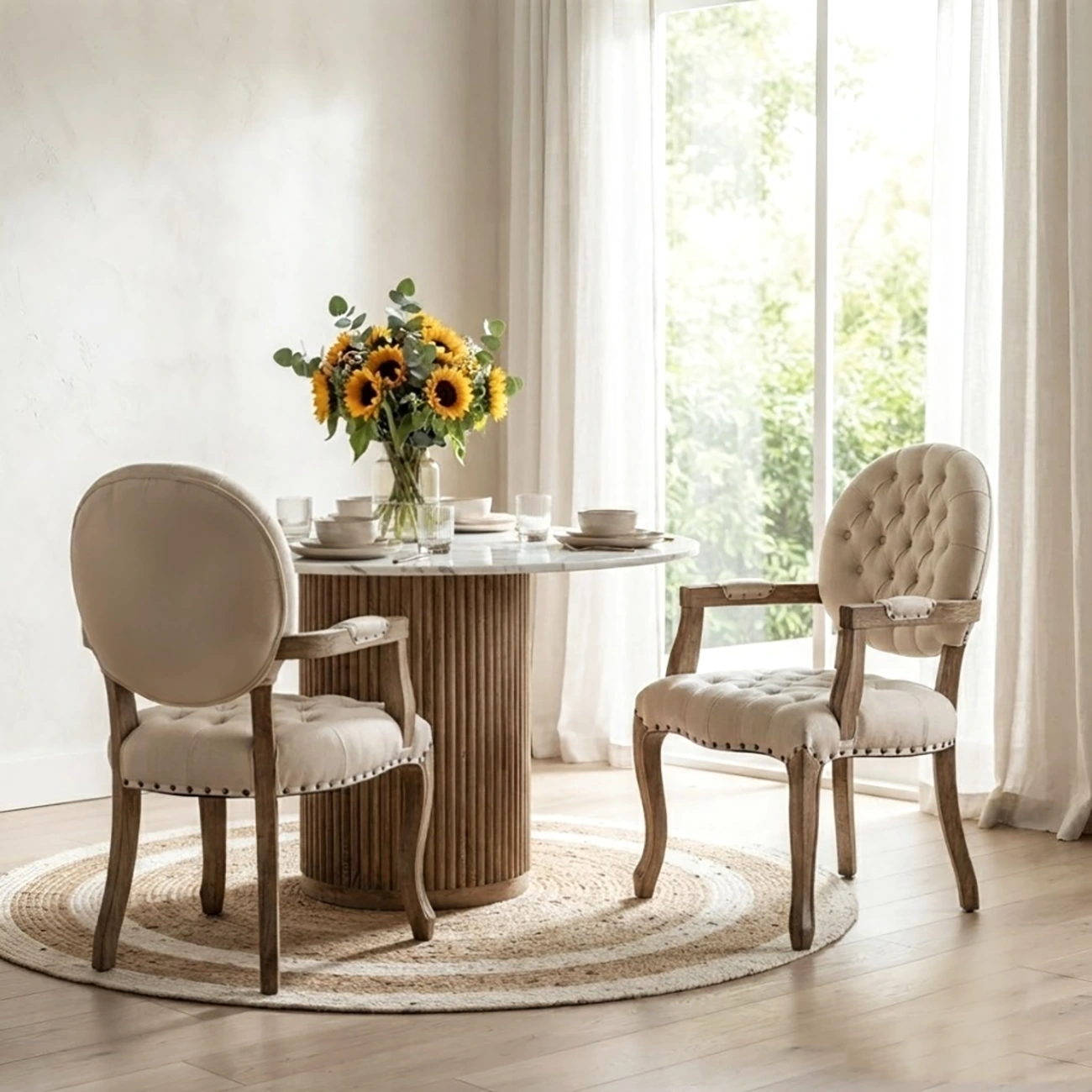 French Country Tufted Solid Wood Dining Chairs With Linen-blend Upholstery Image - 2