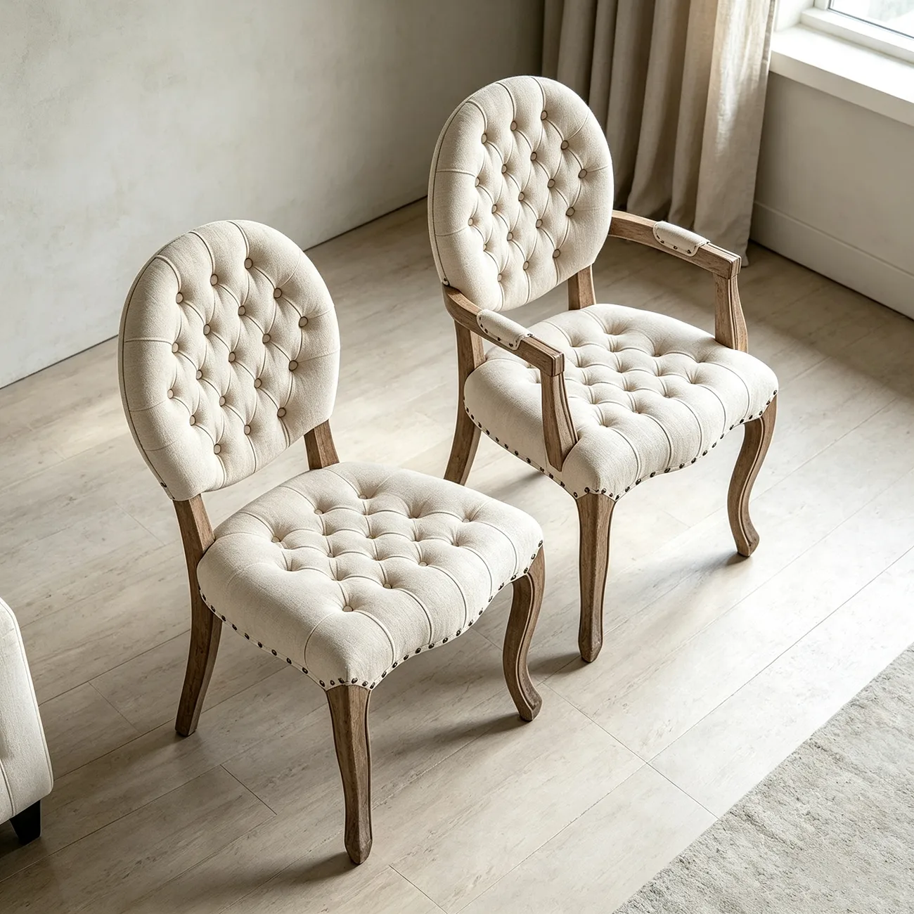 French Country Tufted Solid Wood Dining Chairs With Linen-blend Upholstery Image - 3 | homeyfad