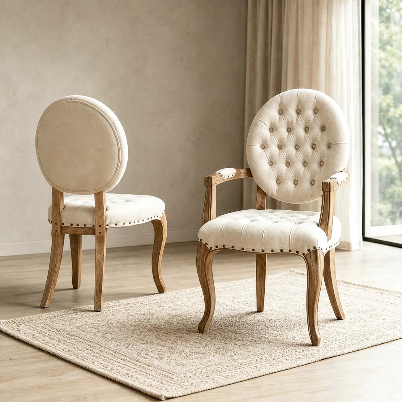 French Country Tufted Solid Wood Dining Chairs With Linen-blend Upholstery Image - 1