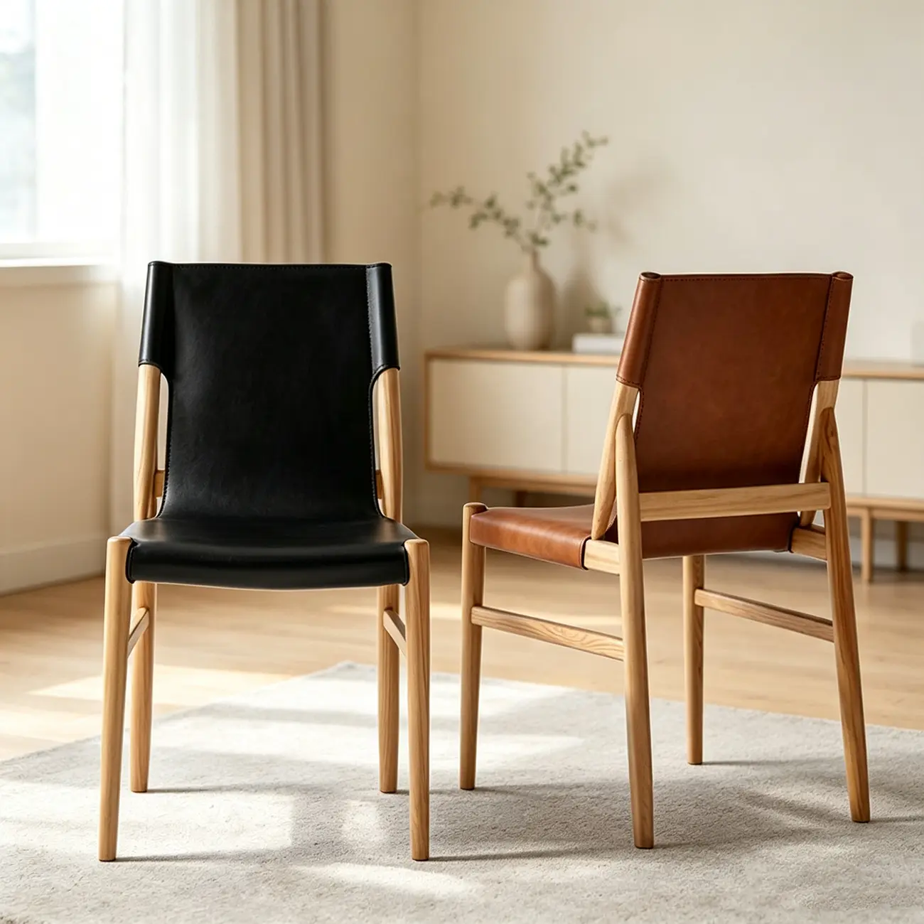 Mid-century Modern Saddle Leather Dining Chairs Carbon Steel Frame Image - 1 | homeyfad