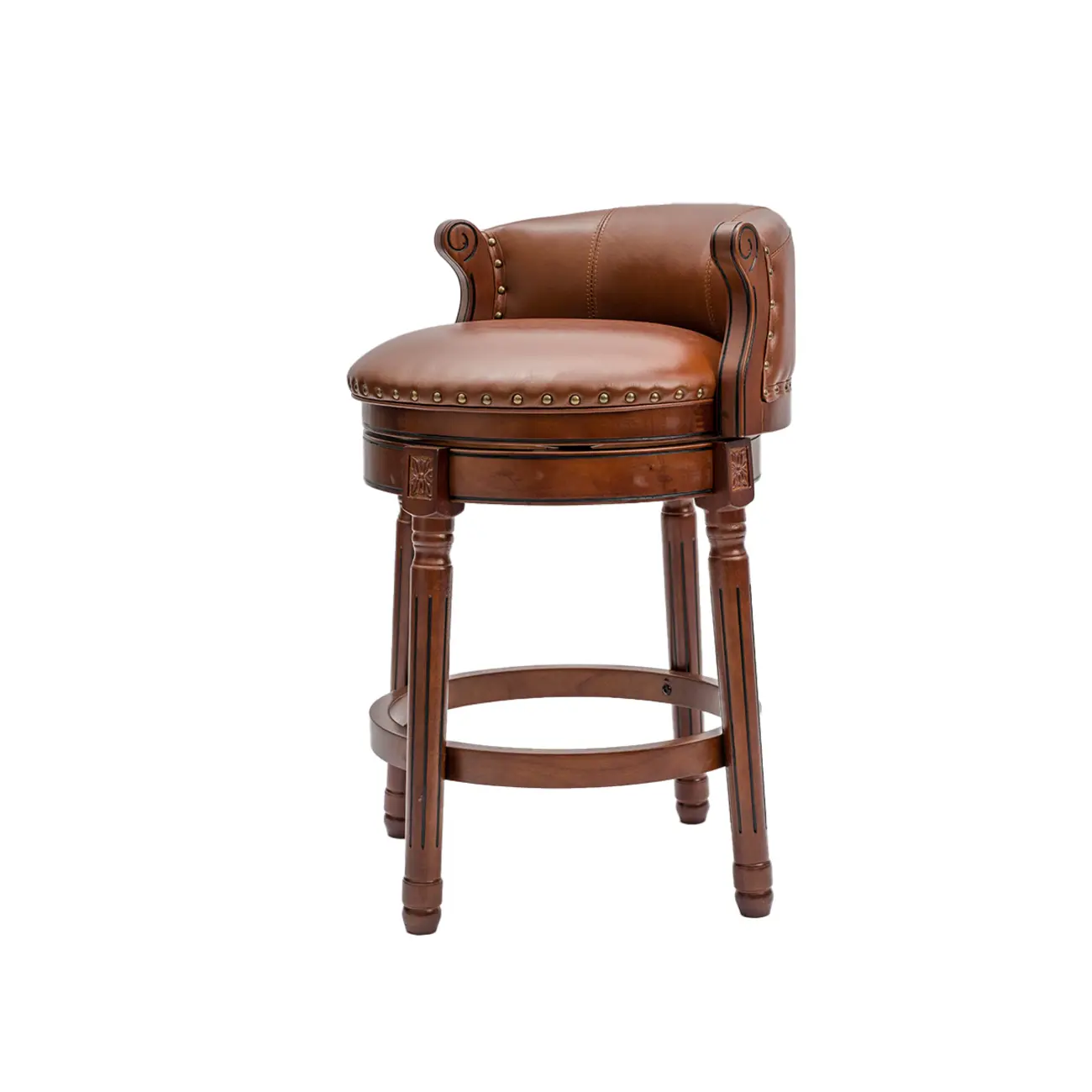 Traditional Genuine Leather Solid Wood Swivel Kitchen 25.6"H Counter Stools Image - 17 | homeyfad