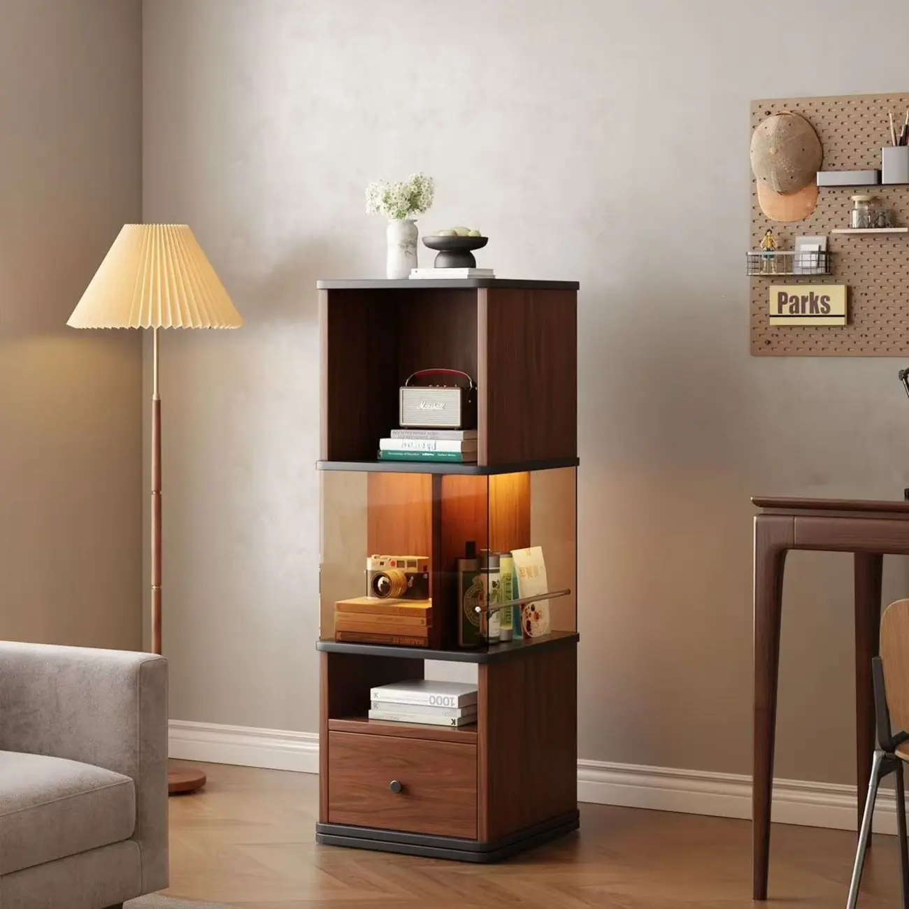 Mid-Century Modern 360° Rotating Tower Bookshelf with LED Lights Image - 14 | homeyfad