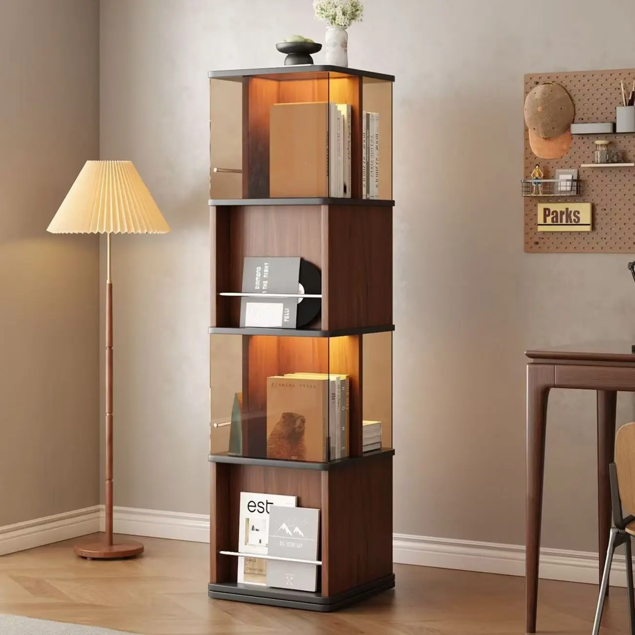 Mid-Century Modern 360° Rotating Tower Bookshelf with LED Lights Image - 1 | homeyfad