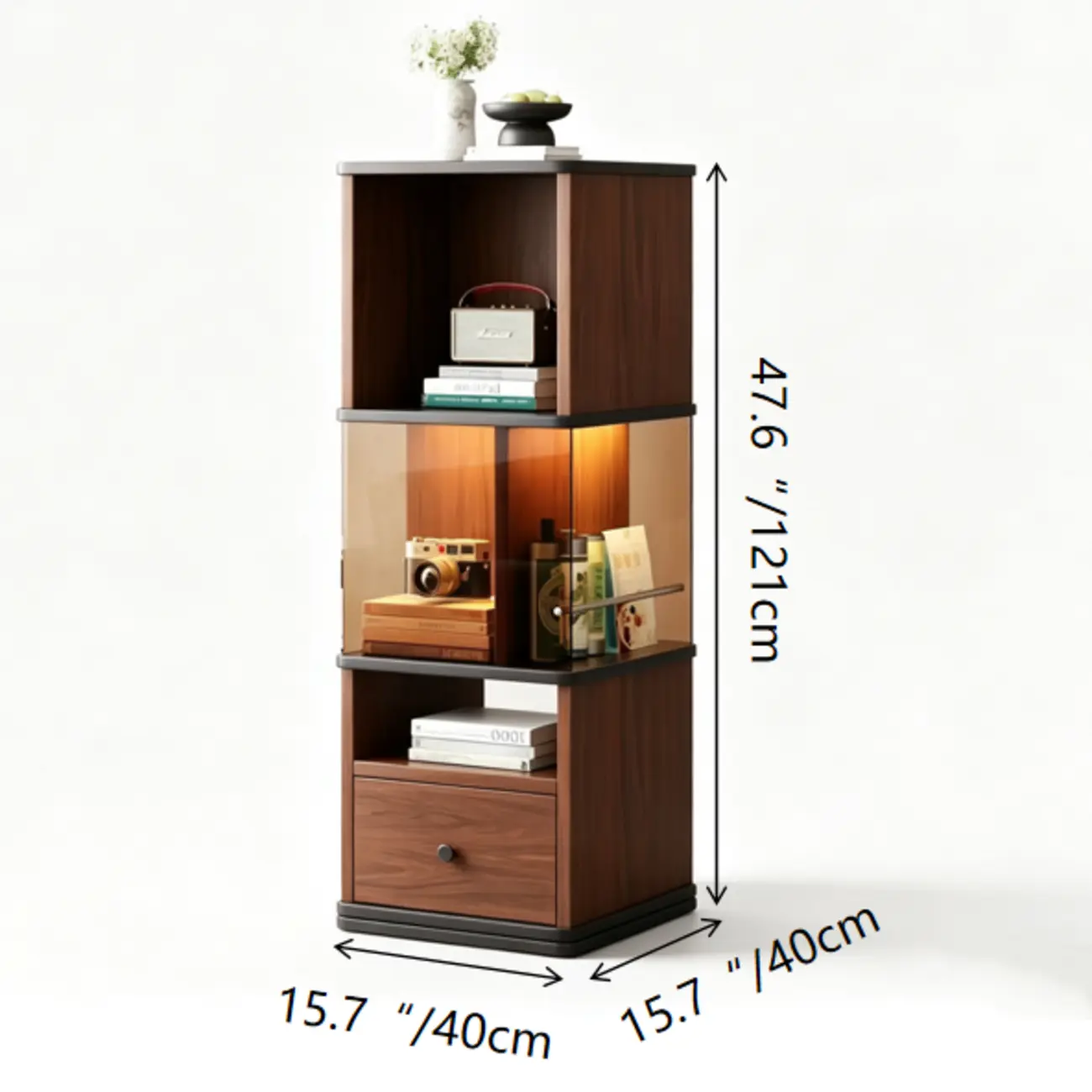 Mid-Century Modern 360° Rotating Tower Bookshelf with LED Lights #size | homeyfad