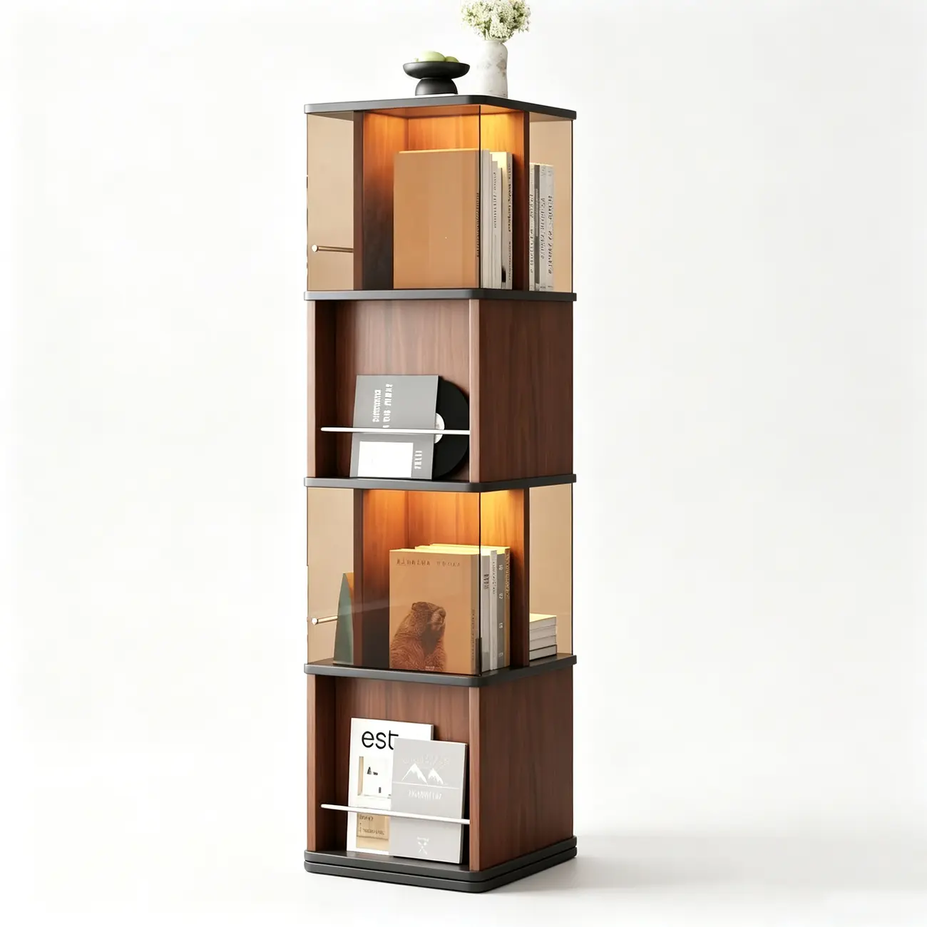Mid-Century Modern 360° Rotating Tower Bookshelf with LED Lights Image - 15 | homeyfad