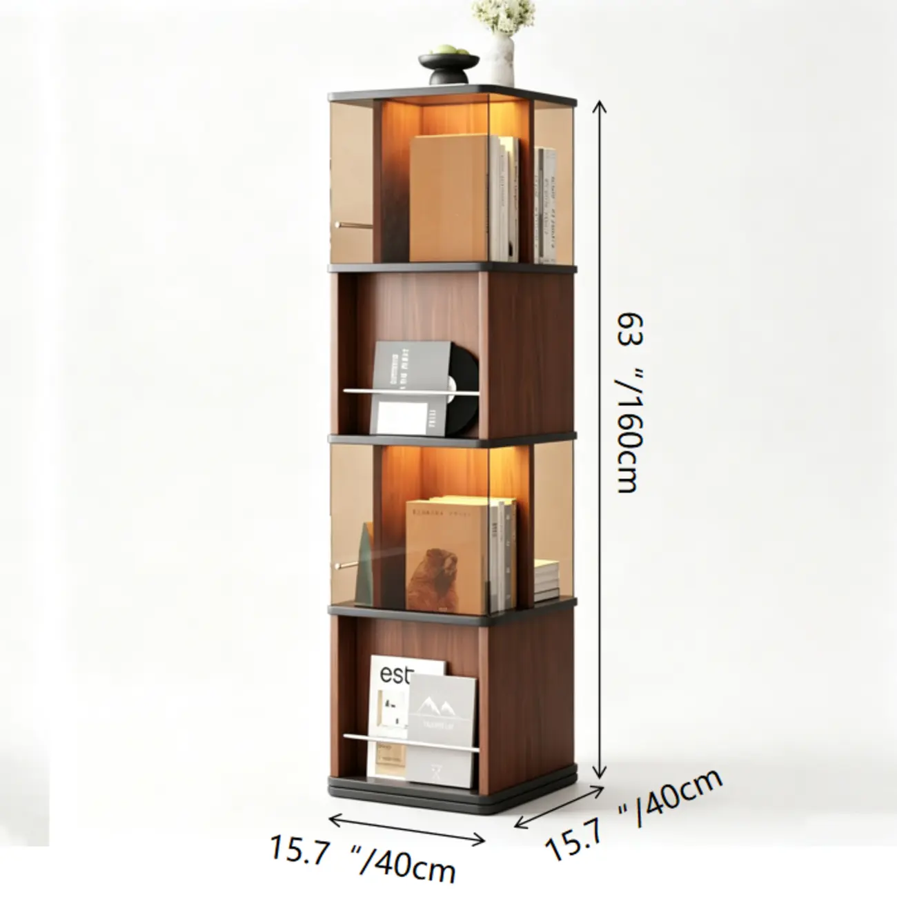 Mid-Century Modern 360° Rotating Tower Bookshelf with LED Lights Image - 25 | homeyfad