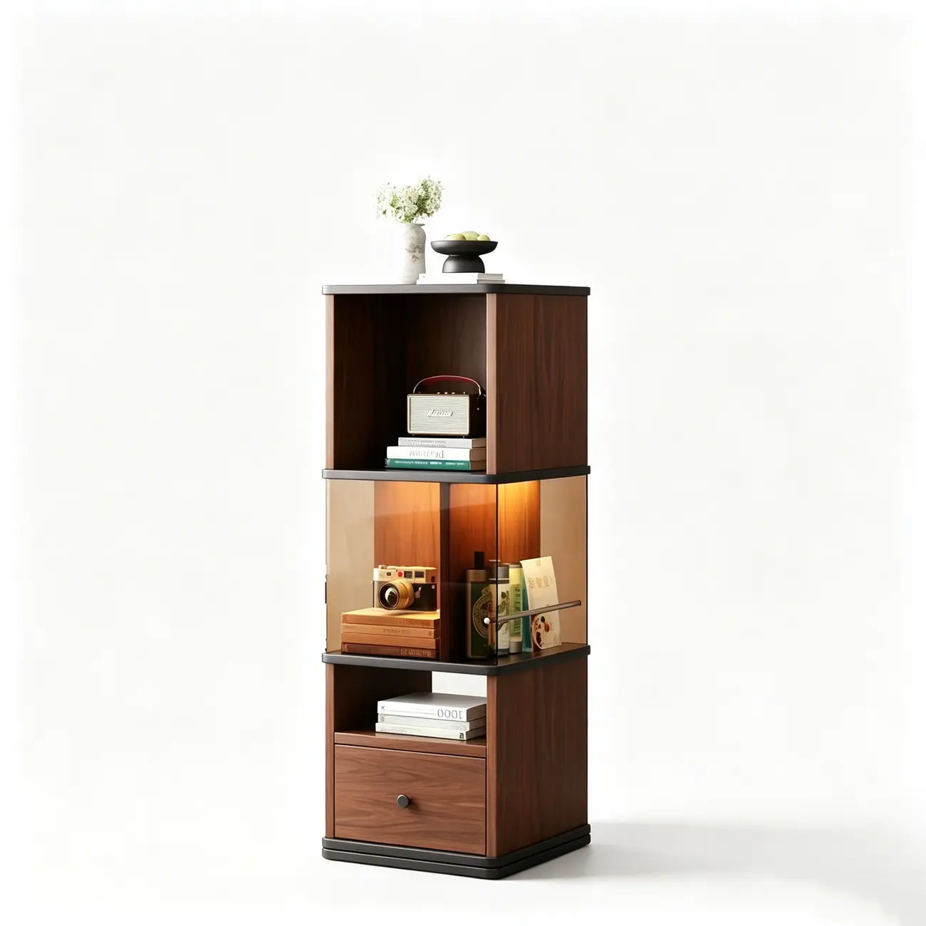 Mid-Century Modern 360° Rotating Tower Bookshelf with LED Lights Image - 22 | homeyfad