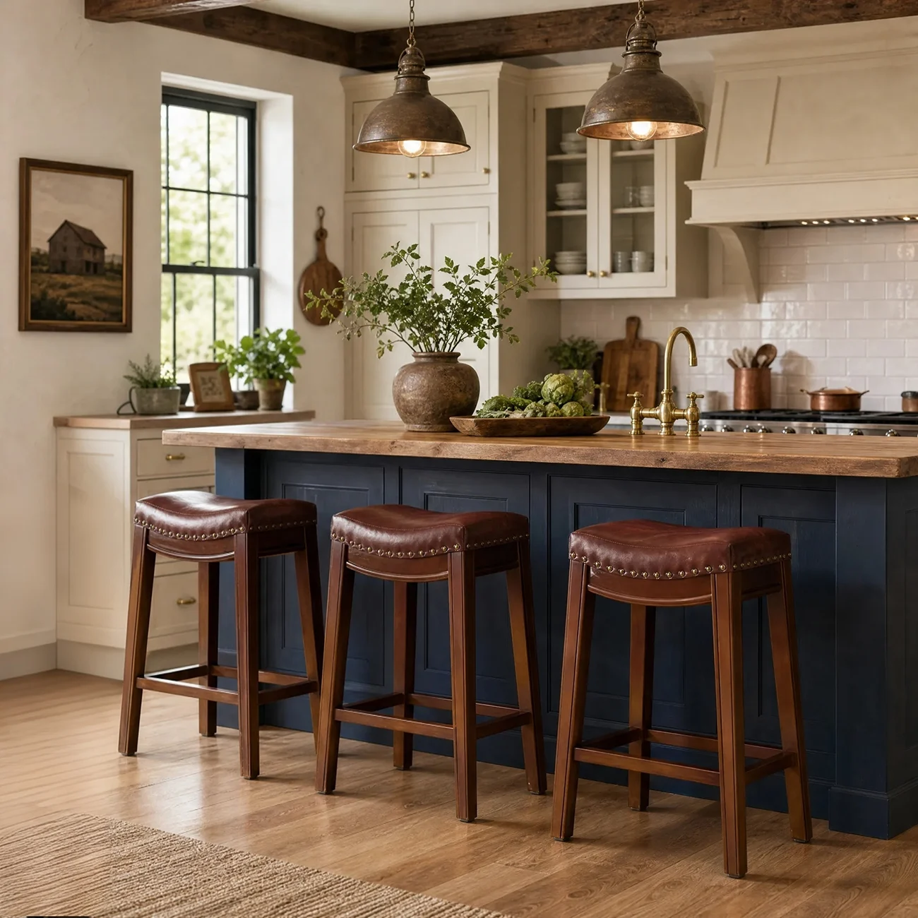 Traditional Saddle Genuine Leather Counter Height Stools Image - 1 | homeyfad