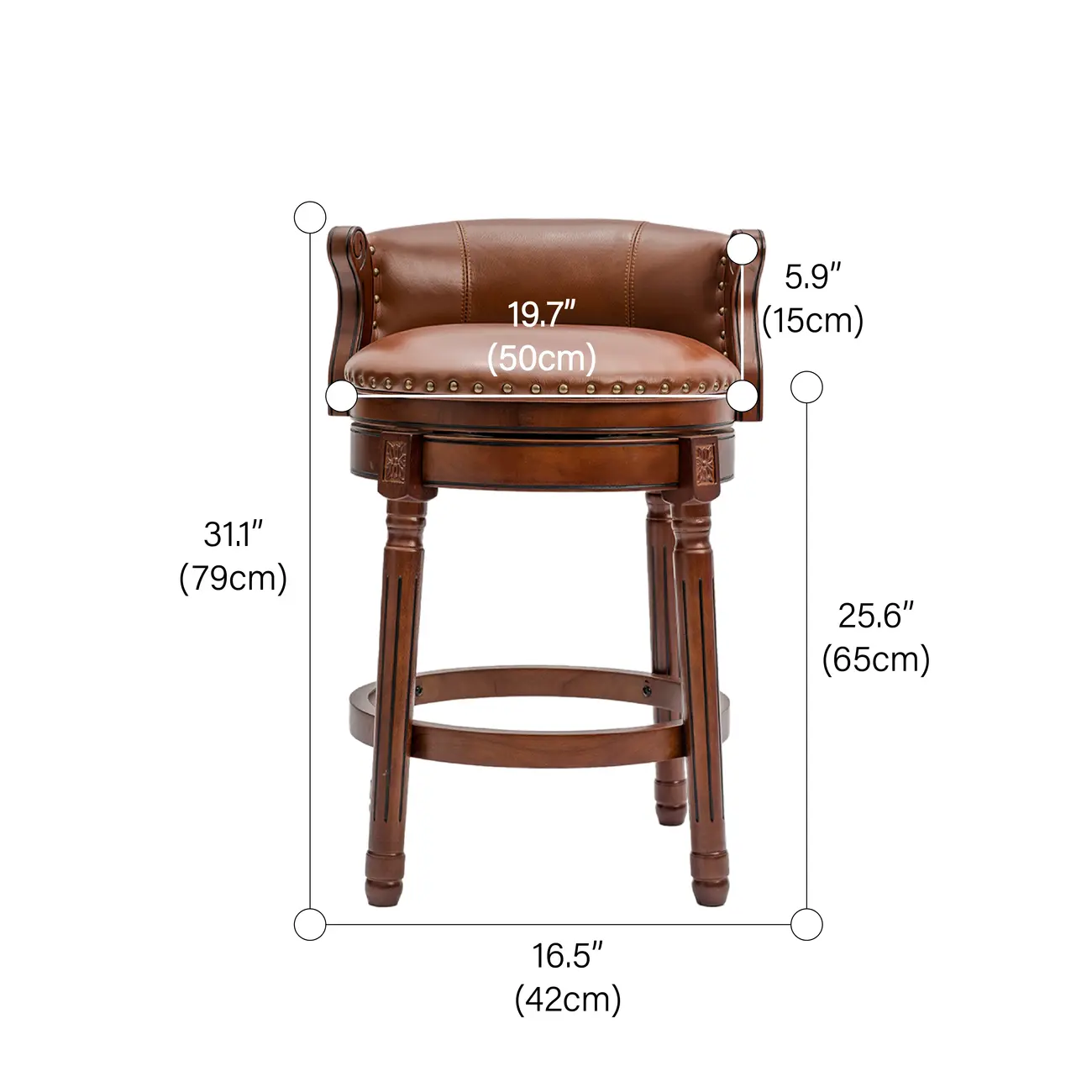 Traditional Genuine Leather Solid Wood Swivel Kitchen 25.6"H Counter Stools #size | homeyfad