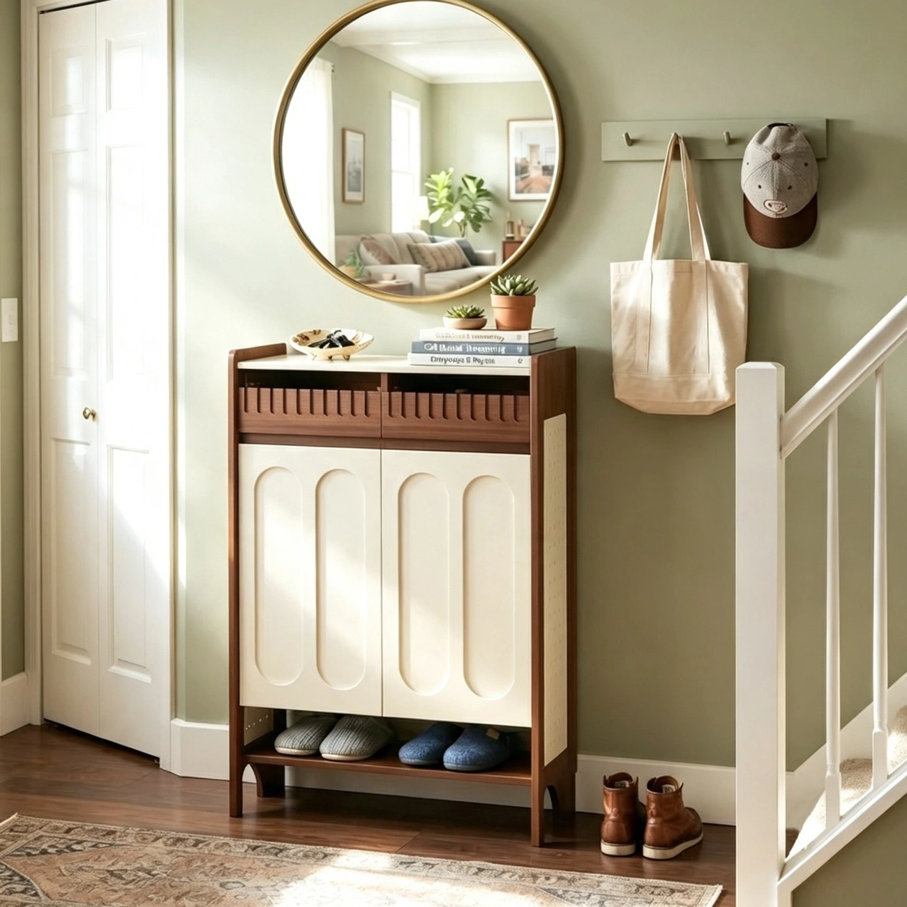 Modern Solid Wood Entryway Shoe Cabinet With Side Pegboard Storage Image - 2 | homeyfad