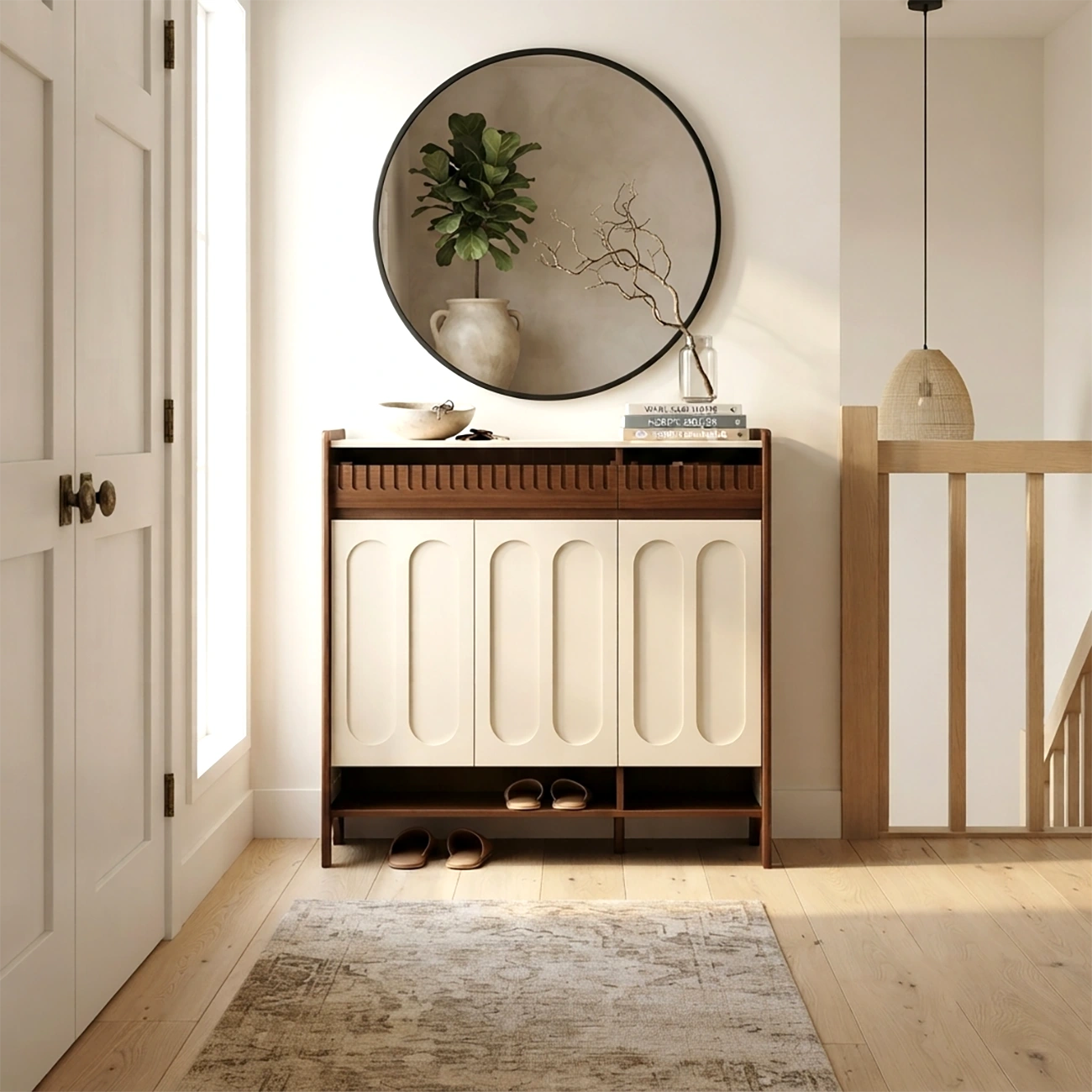 Modern Solid Wood Entryway Shoe Cabinet With Side Pegboard Storage Image - 4 | homeyfad