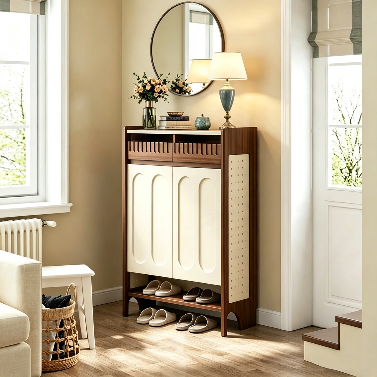 Modern Solid Wood Entryway Shoe Cabinet With Side Pegboard Storage Image - 1 | homeyfad
